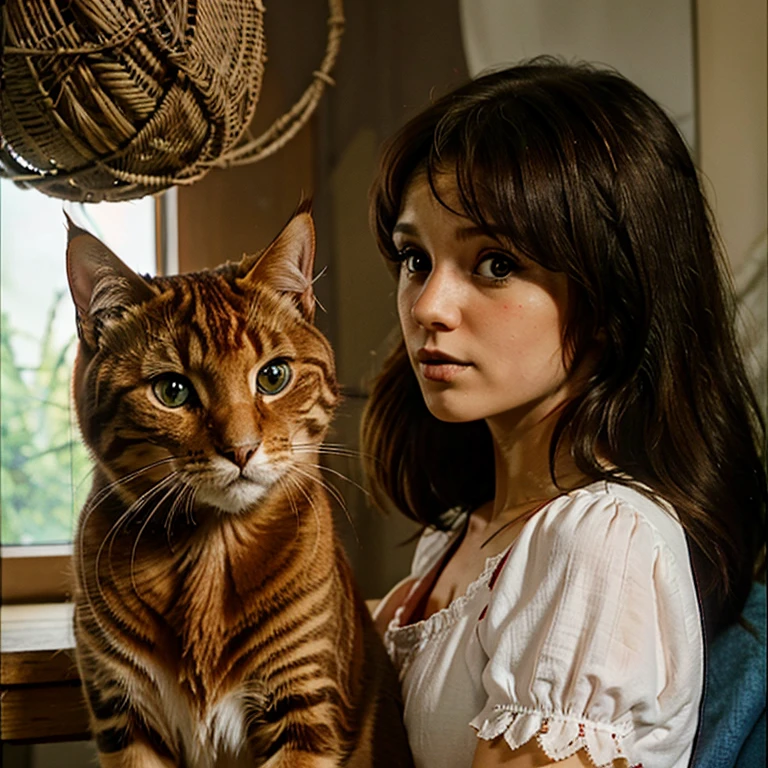 Illustration for a fairy tale about a girl with dark hair and a red tabby cat