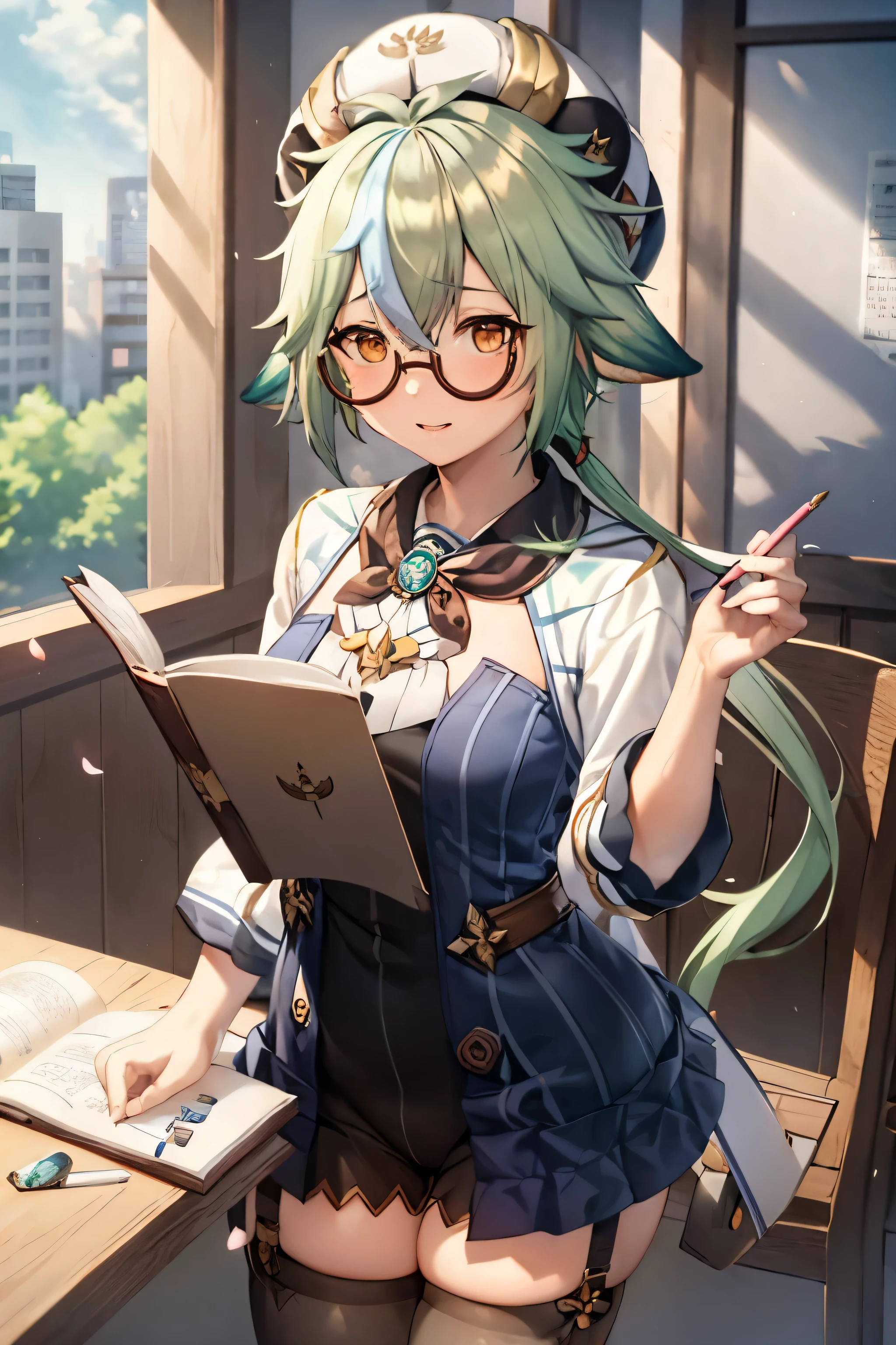 masterpiece, best quality, 1girl, skirt, school uniform, thighhighs, hat, cherry blossoms, green hair, blue skirt, pleated skirt, long hair, alternate costume, glasses, long sleeves, open mouth, semi-rimless eyewear, slime (genshin impact), shoes, serafuku, petals, neckerchief, white shirt, book, holding, shirt, red neckerchief, brown footwear, multicolored hair, sailor collar, white headwear, bangs, loafers, pencil, zettai ryouiki, blush, looking at viewer, animal ears, paper, full body, hat removed, solo, streaked hair, headwear removed, orange eyes, hair between eyes, black thighhighs, very long hair, pen, contemporary, hands up, notebook, open book, sidelocks, blue sailor collar, ponytail, under-rim eyewear, brown eyes, low ponytail, floating, blurry, smile, holding book, yellow eyes, eraser, holding pencil, two-tone hair, cat ears, dango