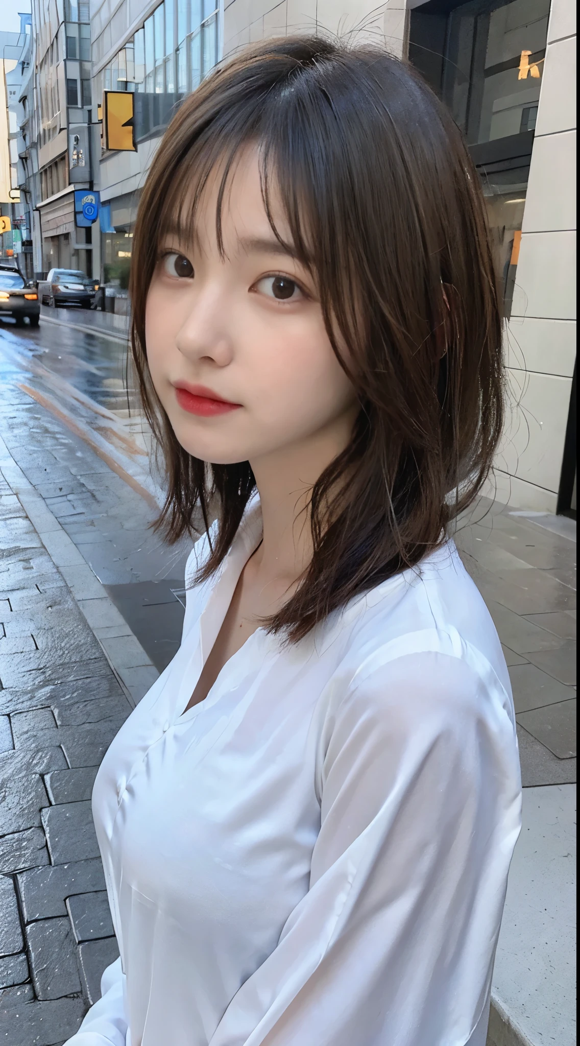 ((highest quality, 8K, masterpiece: 1.3)), sharp: 1.2, perfect body beauty: 1.4, slim abs: 1.2, ((layered hairstyles, big breasts: 1.2)), (Wet White Button Long Shirt: 1.1), (rain, street: 1.2), Wet: 1.5, Highly detailed face and skin texture, fine eyes, double eyelid, profile looking at camera、no bra、Breasts fully visible、