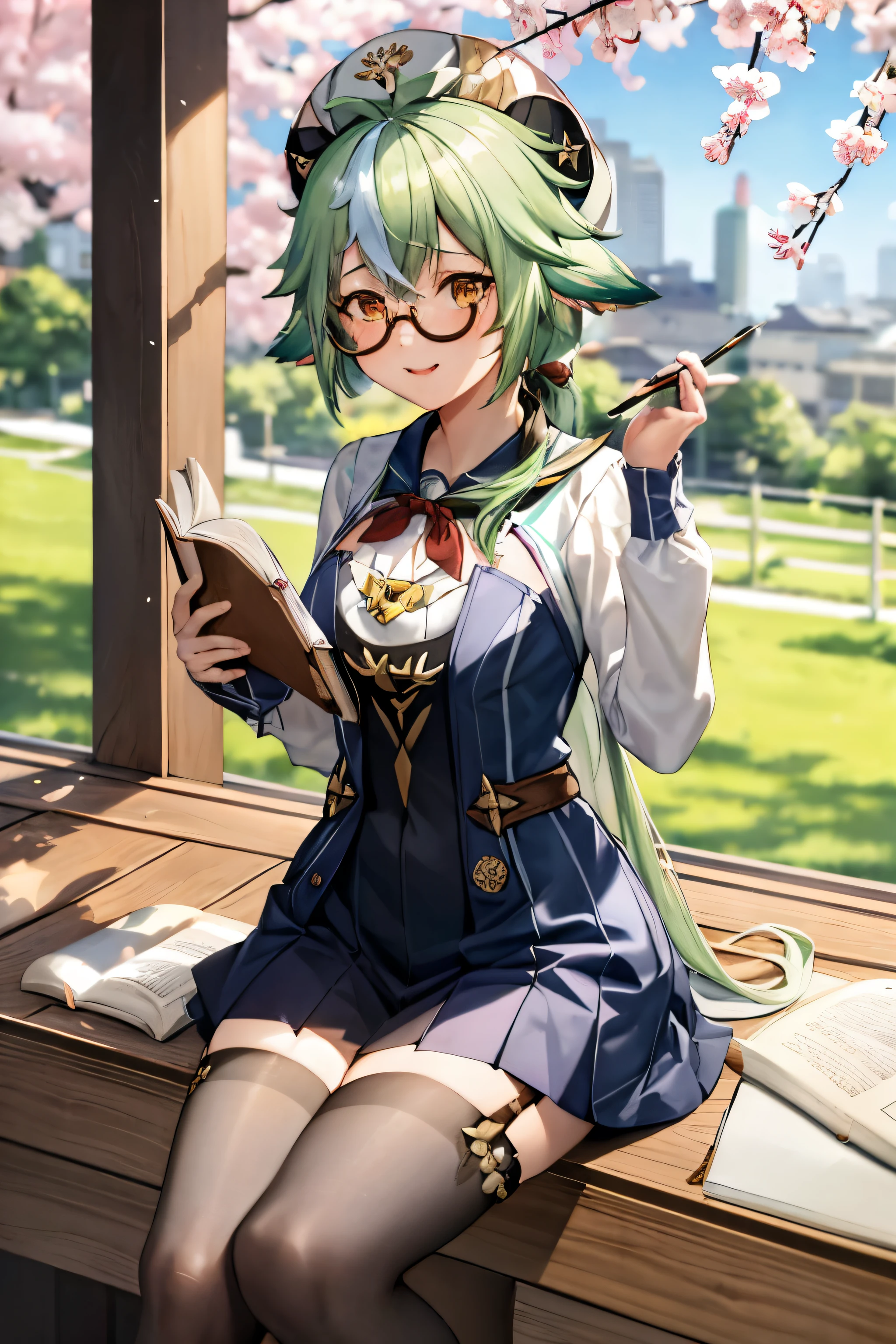 masterpiece, best quality, 1girl, skirt, school uniform, thighhighs, hat, cherry blossoms, green hair, blue skirt, pleated skirt, long hair, alternate costume, glasses, long sleeves, open mouth, semi-rimless eyewear, slime (genshin impact), shoes, serafuku, petals, neckerchief, white shirt, book, holding, shirt, red neckerchief, brown footwear, multicolored hair, sailor collar, white headwear, bangs, loafers, pencil, zettai ryouiki, blush, looking at viewer, animal ears, paper, full body, hat removed, solo, streaked hair, headwear removed, orange eyes, hair between eyes, black thighhighs, very long hair, pen, contemporary, hands up, notebook, open book, sidelocks, blue sailor collar, ponytail, under-rim eyewear, brown eyes, low ponytail, floating, blurry, smile, holding book, yellow eyes, eraser, holding pencil, two-tone hair, cat ears, dango