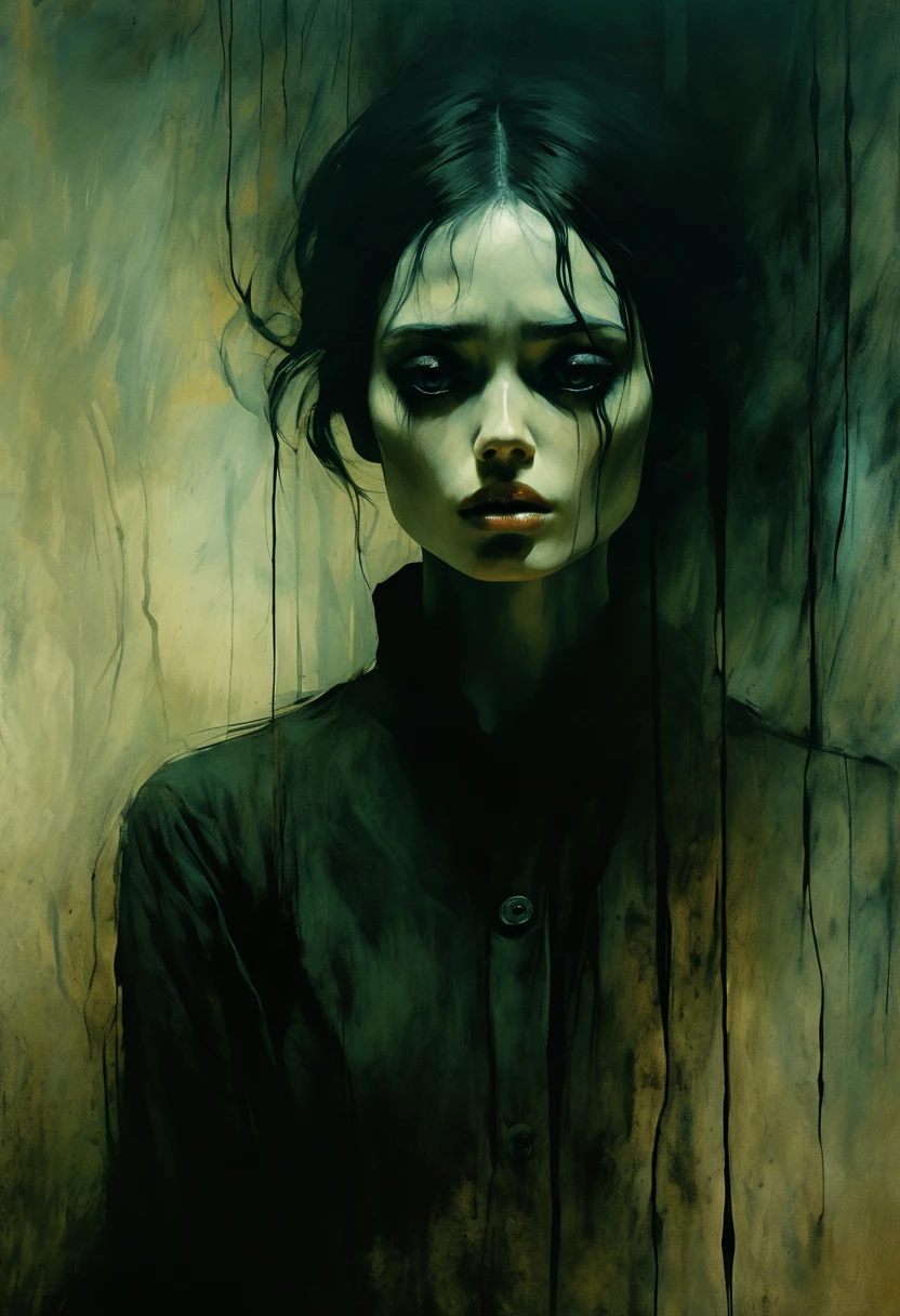 Beautiful cinematic impressionistic painting, Dark Gloomy Creepy Character, in the style of Jeremy Mann and Charles Dana Gibson, Mark Demsteader, Paul Headley, dark theme, otherworldly theme, masterpiece of deviant art, dark illustration, exceptional quality, extremely detailed, super detailed face, ultra hd 8k, taiga, runaway prisoner fear in the eyes driven, despair, gloomy dark scary forest, photorealism, ultra-details, 8k