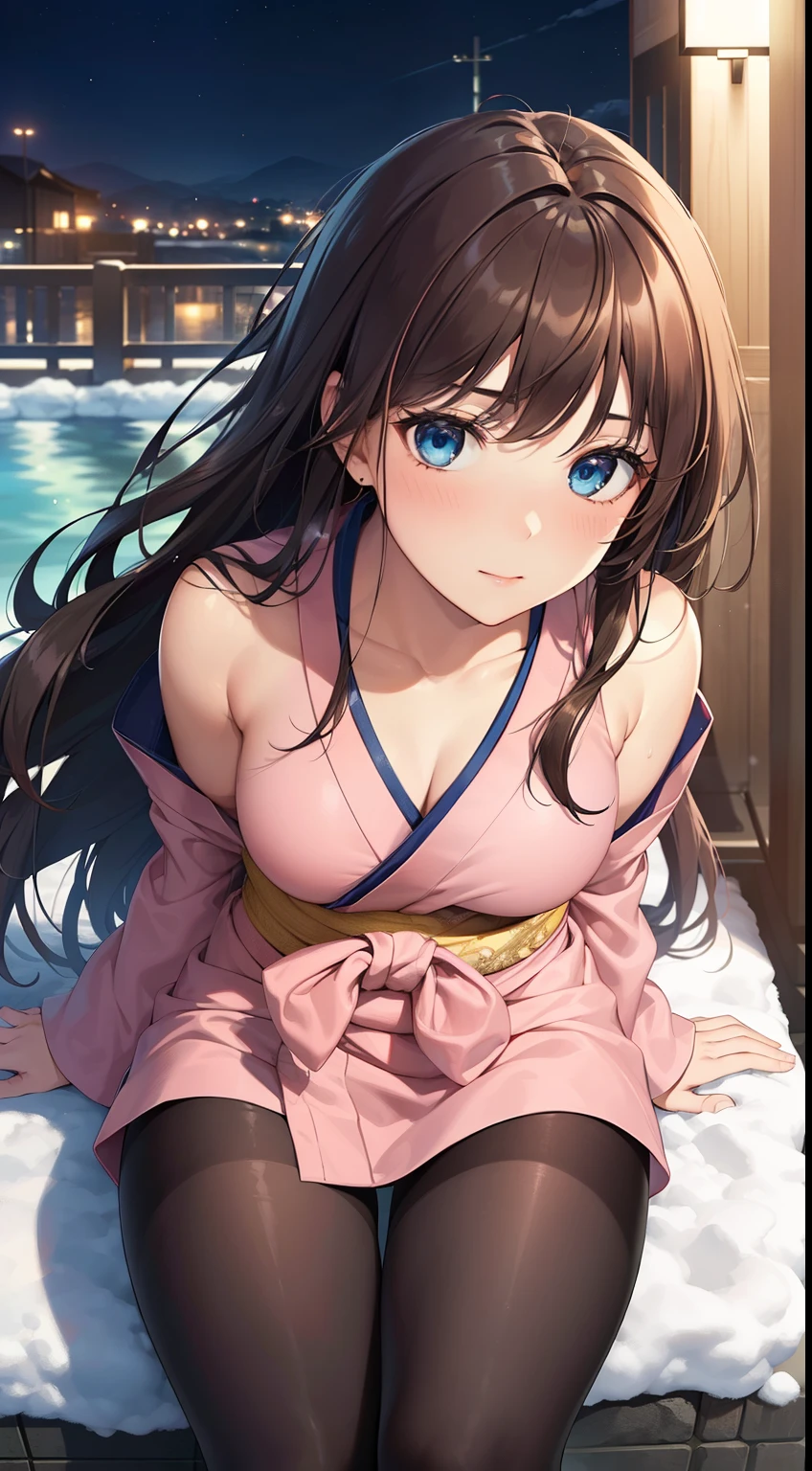 ((masterpiece, best quality, high resolution, ultra high definition, Pixel perfect, depth of field, 4K, RTX, human development report))), 1girl in, single, alone, Beauty、see whole body、 ((Long hair to waist, Short Liuhai, reddish brown hair)), ((blue eyes, beautiful eyelashes, realistic eyes)), ((Detailed face, blush:1.2)), ((smooth texture:0.75, lifelike质感:0.65, lifelike:1.1, Anime CG style)), medium breasts, Perfect body, ((Pink Japanese kimono, Half of the shoulders are exposed ,Black tights)), A confident smile, Sitting sideways on a chair, Look down from above、(The wind is strong and blows my hair,exposed thighs、Black tights) , Night view hot spring,Snowy nights