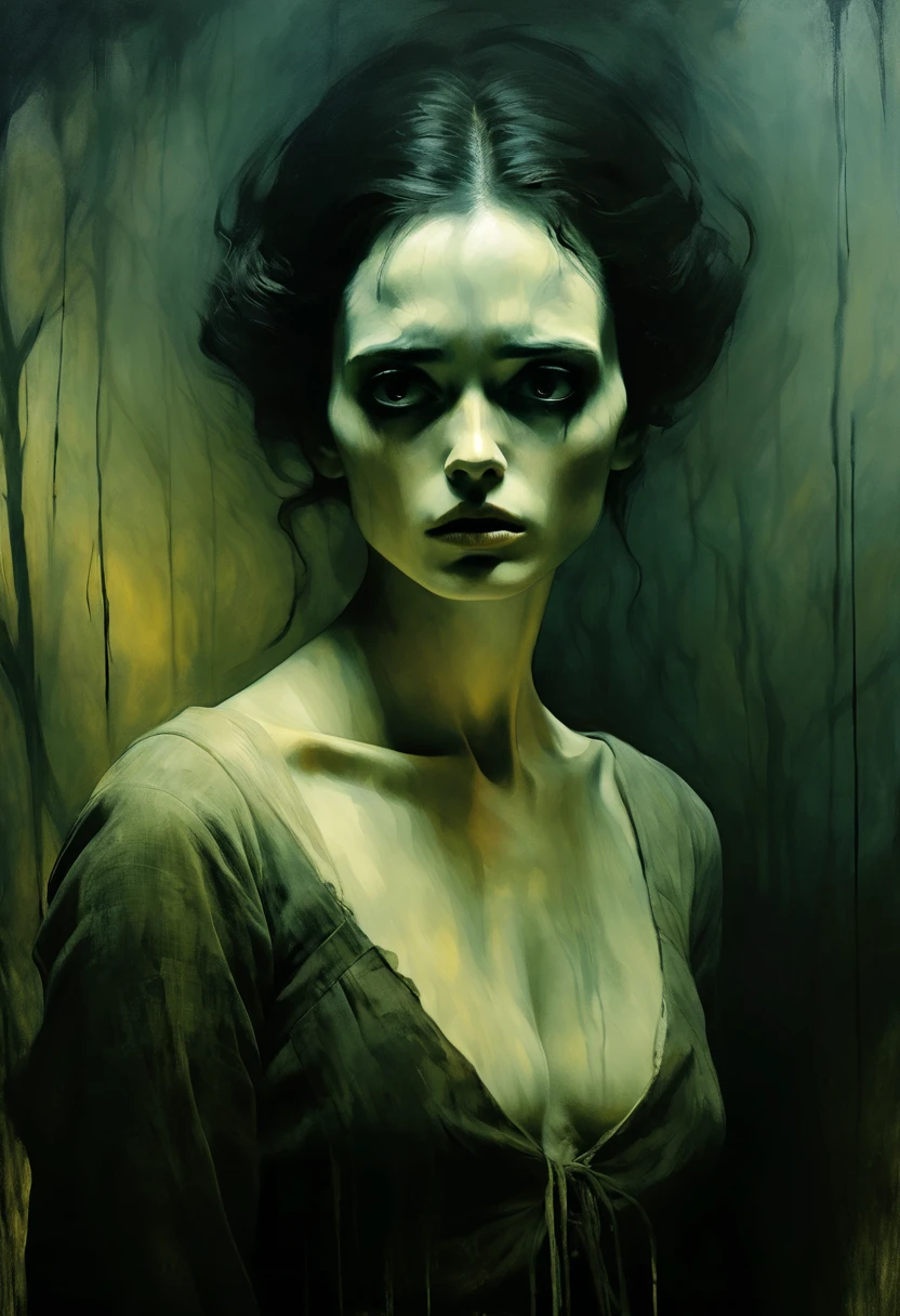 Beautiful cinematic impressionistic painting, Dark Gloomy Creepy Character, in the style of Jeremy Mann and Charles Dana Gibson, Mark Demsteader, Paul Headley, dark theme, otherworldly theme, masterpiece of deviant art, dark illustration, exceptional quality, extremely detailed, super detailed face, ultra hd 8k, taiga, runaway prisoner fear in the eyes driven, despair, gloomy dark scary forest, photorealism, ultra-details, 8k