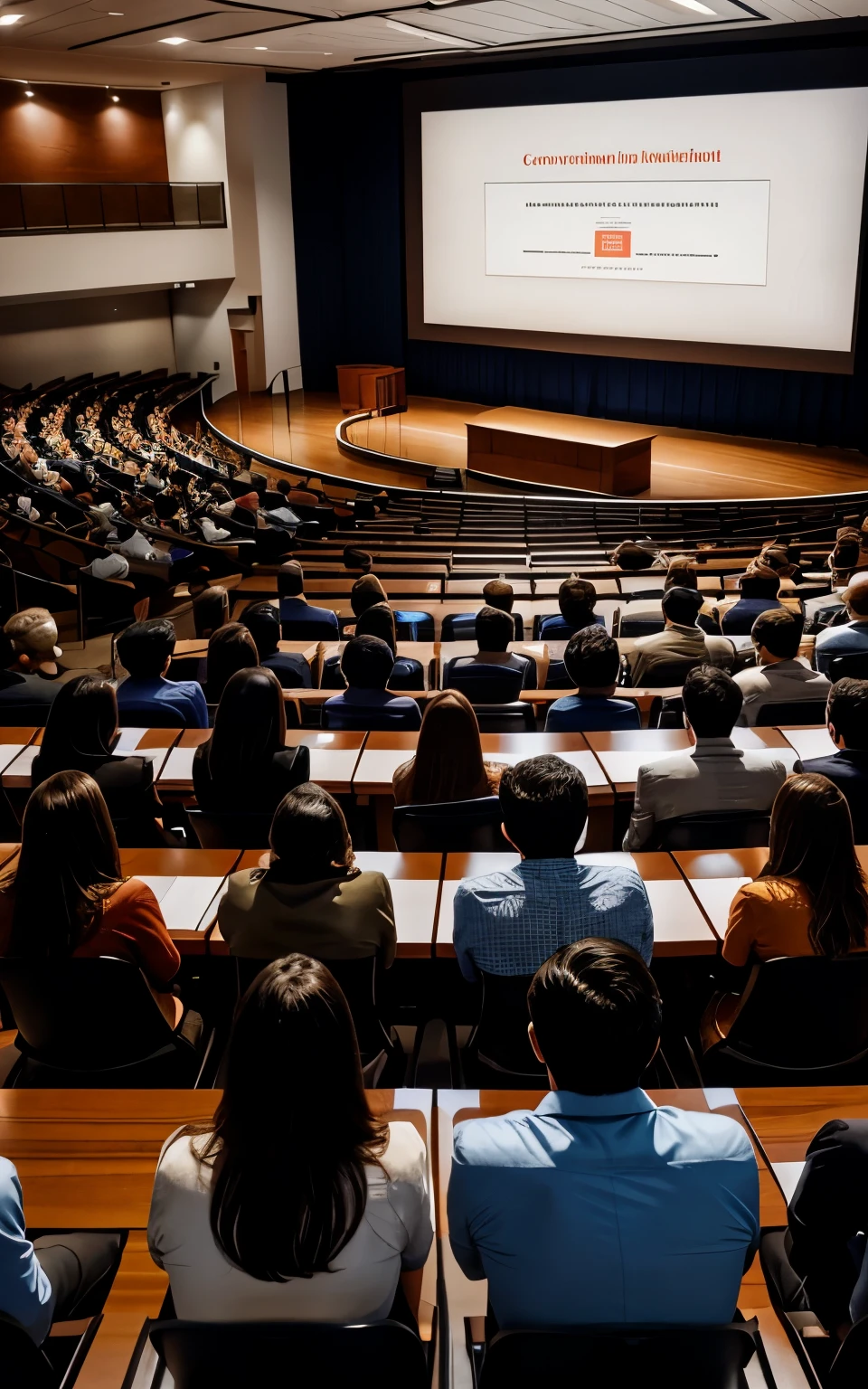 A big Conference room. A male scientist is presenting in a screen. Many other persons in casual dresses are sitting hapazardly in benches and listening. Seen from the back of the audience