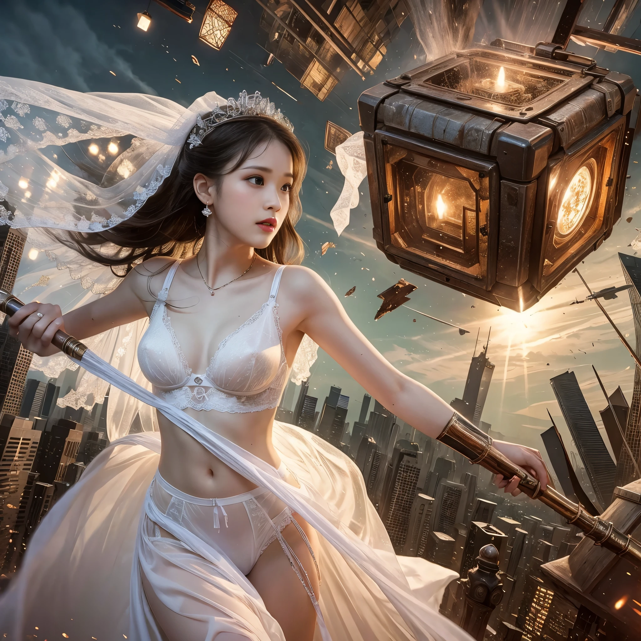 (RAW photo:1.2), (realistic), beautiful detailed girl, very detailed eyes and face, beautiful and detailed eyes, huge file size, High resolution, very detailed, highest quality, [table top:1.6], shape, very detailed, small details, highest quality, 8k wallpaper, movie lighting,woman in a torn wedding dress, Mysterious cube-shaped flying object, Destroyed world, Fleeing Woman, fight bravely, Desolate world, running, A white bra is visible through the torn wedding dress, White panties are visible, A red shining disaster々new cube, look of fear, slender body, young face, immature body, Exposed underwear, white high heels