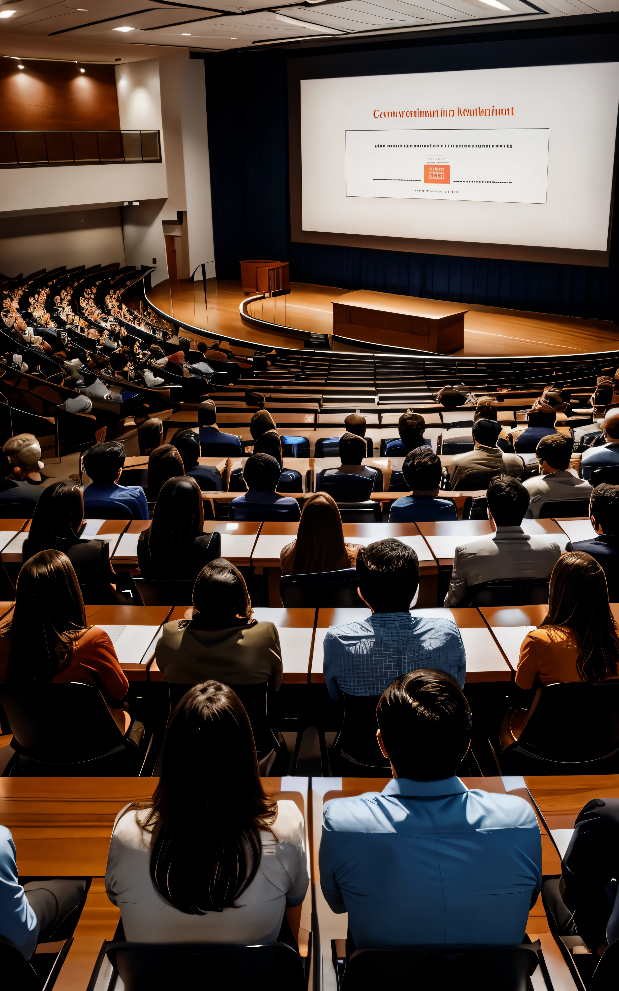 A big Conference room. A male scientist is presenting in a screen. Many other persons in casual dresses are sitting hapazardly in benches and listening. Seen from the back of the audience