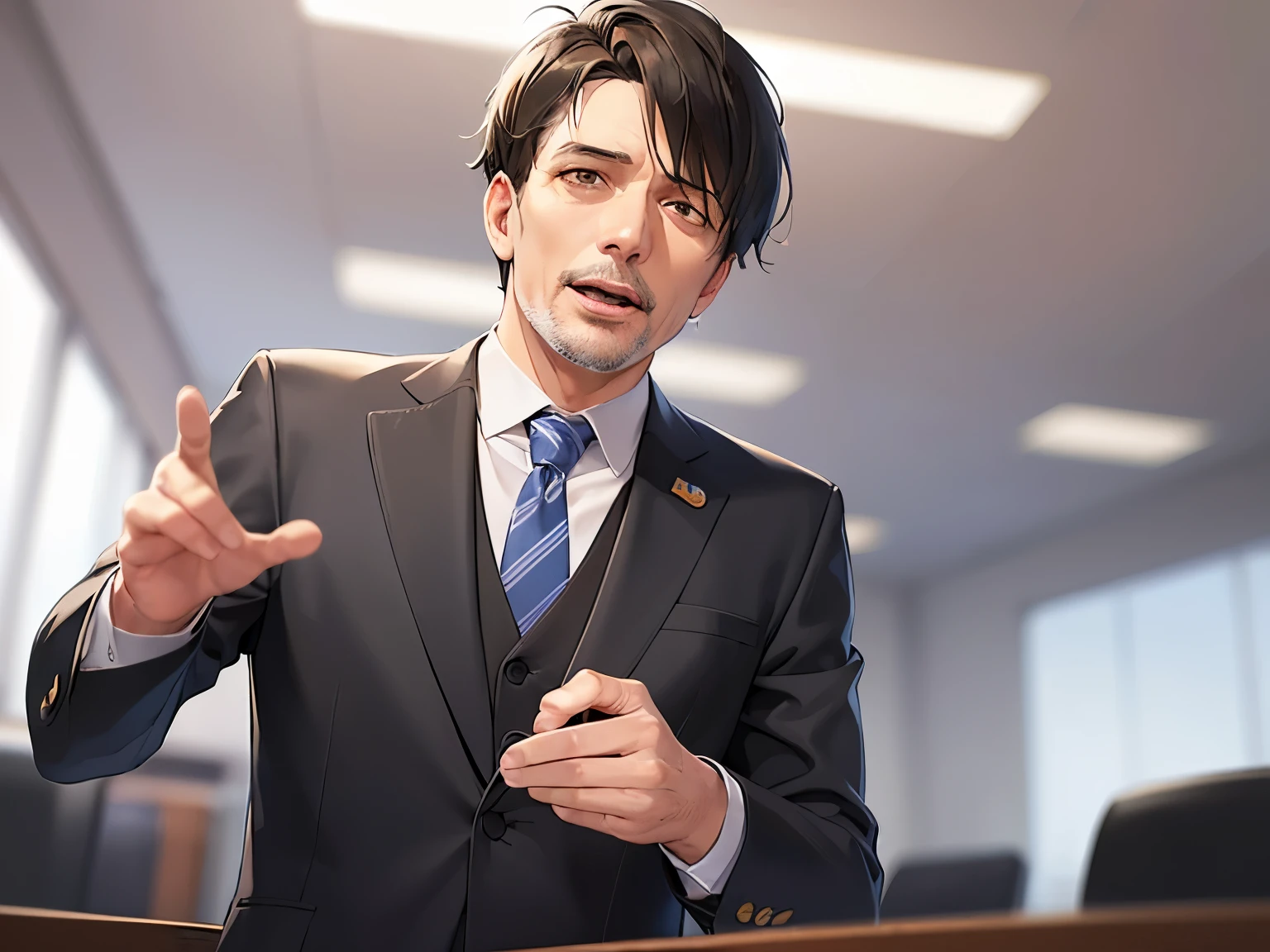 Raising hand, angry, open mouth, dutch angle, masterpiece、high quality、(50 year old man with short black hair and brown eyes:1.5)、Wearing a gray suit、 The background is a conference room、Alone、bold composition、Are standing