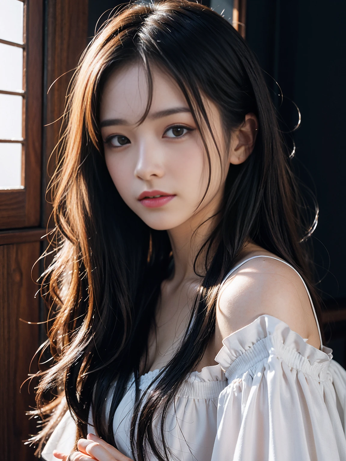 ((one person,Adrian Genius,jenny saville,Edward Hopper,The Dark Arts of James Jean,Takato Yamamoto)),(original photo,best quality),(Nostalgia,80s of the 20th century)),(A girl with artistic temperament:1.2),face close-up,(lifelike,Shoot real:1.3),extremely delicate and beautiful,Astonishing,Exquisite details, masterpiece,Ultra-detailed,high resolution,Best Best Illustration,best shadow,complex,depth of field,1 girl,(long legs:1.4),long white hair,messy hair,((((low pitch,dark scene,dim lights)))),Plum,Off the shoulders,ball gown,Advanced curls,((soft light:1.4))),(pale skin:1.4),(smile shyly),(angle),lock focus,volumetric fog,8k ultra high definition,digital SLR camera,high quality,(film grain:1.4),富士XT3,(looking at the audience)