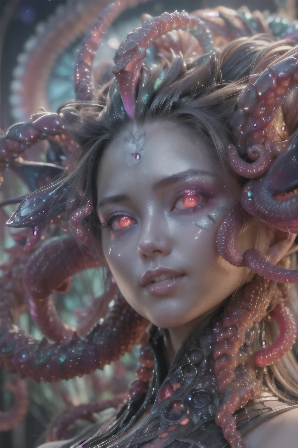 (1 beautiful and obscene female alien:1.4), (There is a female genital-like organ in the middle of her forehead:1.95), She has medusa-like hair, (there are lots of translucent tentacles from her head like her hair:1.5), (vulgarity1.7), (she is looking down at viewers with glowing red eyes with no pupils:1.6), (She has translucent pale skin:1.4),(She has the most beautiful face in the history of the universe:1.2), (She has multiple bioluminescent organs on the side of her tentacles:1.4), (Her body is covered with an iridescent exoskeleton:1.4), (She is showing her arm pits:1.6), an evil gaze that seduces, (looking down at viewers:1.4),(Vampire-like long canine teeth can be glimpsed through the gap between the cute lips:1.4) (bio luminescent:1.4), (Smile wickedly:1.3), (sexypose:1.4), alien, No humans, cells are fused, extraterrestrial, cell, bio image, ultra high resolution, (photos realistic:1.7), (Numerous award-winning masterpieces, with incredible detail, textures and maximum detail), Dramatic Lighting, cinematic quality, (exquisite details:1.2), High freshness, drawing faithfully, (Thick eyebrows:1.2), Beautiful eyes with fine symmetry,(Highly detailed face and eyes:1.2),(Super detailed skin quality feeling:1.4), perfect anatomy, (Beautiful toned body:1.5), (Moist skin:1.2), not wearing makeup, (dark circles:1.1), long canines, cinematic drawing of characters, cinematic quality, (exquisite details:1.2), high resolution, High freshness, drawing faithfully, official art, Unity 8K Wall paper, ultra detailed artistic photography, midnight aura, unreal engine 5, Ultra Sharp Focus, art by Amano Yoshitaka, ArtGerm, ultra realistic realism, dream-like, Creation of fantasy, dream Snail, (biopunk nautilus:1.3),Thrilling color schemes, seductively smiling, Amazing mutation, well-proportioned body, goddess of the deep sea, fractal, Geometric pattern, impossible figures, subtle emerald green accents, (expression of ecstasy:1.4), (beautiful small breast and nipples:1.2)