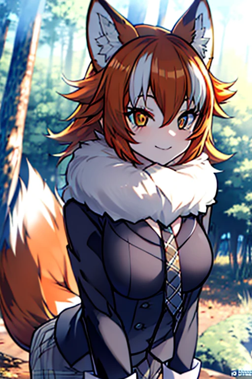 an orange haired woman with orange eyes and orange fox ears and an orange fox tail is teasing an orange haired man with orange eyes and orange fox ears and an orange fox tail in the forest. 