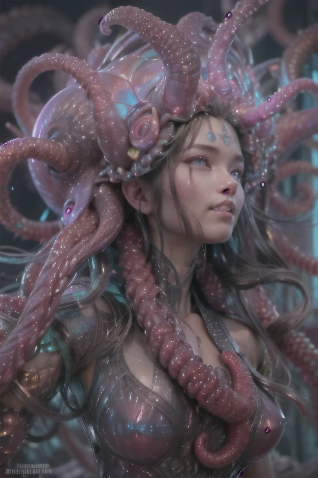 (1 beautiful and obscene female alien:1.4), (There is a female genital-like organ in the middle of her forehead:1.95), She has medusa-like hair, (there are lots of translucent tentacles from her head like her hair:1.5), (vulgarity1.7), (she is looking down at viewers with glowing red eyes with no pupils:1.6), (She has translucent pale skin:1.4),(She has the most beautiful face in the history of the universe:1.2), (She has multiple bioluminescent organs on the side of her tentacles:1.4), (Her body is covered with an iridescent exoskeleton:1.4), (She is showing her arm pits:1.6), an evil gaze that seduces, (looking down at viewers:1.4),(Vampire-like long canine teeth can be glimpsed through the gap between the cute lips:1.4) (bio luminescent:1.4), (Smile wickedly:1.3), (sexypose:1.4), alien, No humans, cells are fused, extraterrestrial, cell, bio image, ultra high resolution, (photos realistic:1.7), (Numerous award-winning masterpieces, with incredible detail, textures and maximum detail), Dramatic Lighting, cinematic quality, (exquisite details:1.2), High freshness, drawing faithfully, (Thick eyebrows:1.2), Beautiful eyes with fine symmetry,(Highly detailed face and eyes:1.2),(Super detailed skin quality feeling:1.4), perfect anatomy, (Beautiful toned body:1.5), (Moist skin:1.2), not wearing makeup, (dark circles:1.1), long canines, cinematic drawing of characters, cinematic quality, (exquisite details:1.2), high resolution, High freshness, drawing faithfully, official art, Unity 8K Wall paper, ultra detailed artistic photography, midnight aura, unreal engine 5, Ultra Sharp Focus, art by Amano Yoshitaka, ArtGerm, ultra realistic realism, dream-like, Creation of fantasy, dream Snail, (biopunk nautilus:1.3),Thrilling color schemes, seductively smiling, Amazing mutation, well-proportioned body, goddess of the deep sea, fractal, Geometric pattern, impossible figures, subtle emerald green accents, (expression of ecstasy:1.4), (beautiful small breast and nipples:1.2)