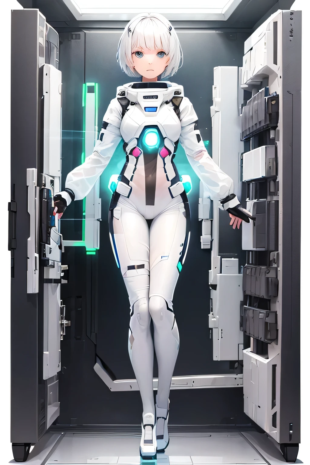 ((girl with white short hair)), ((transparent SPACE SUIT)), ((technological gun in hands)), (full body))