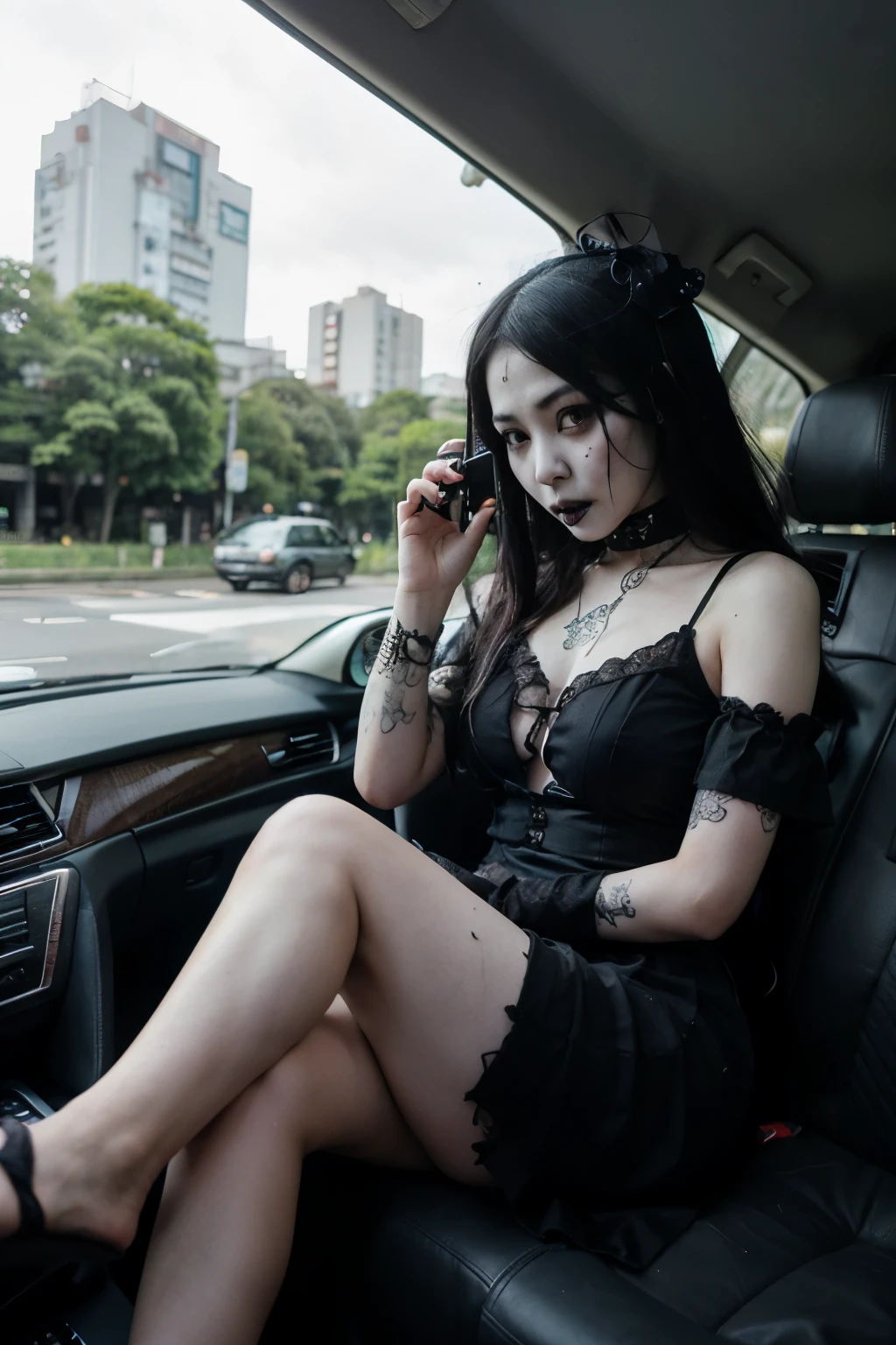 cruel ((Vietnamese ((goth)) 18 yo goddess)) sitting in a car with her feet up while talking on her cell phone, short pleated skirt, checking her phone, low quality photo, in the middle of the Tokyo city streets, cannabis forest city streets behind her, driving