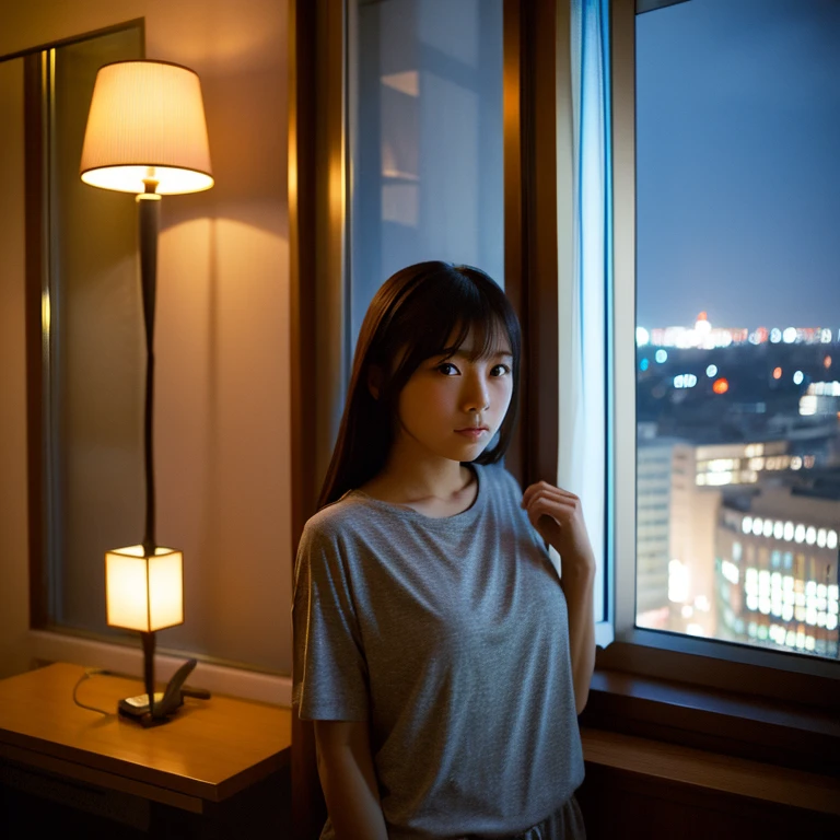 A young Japanese woman stands by the window and poses like a model. Her focal length is 100mmf/2.8, early winter night, living room on the upper floor of a tower apartment, plain T-shirt and shorts, close-up of her eyes, film quality.