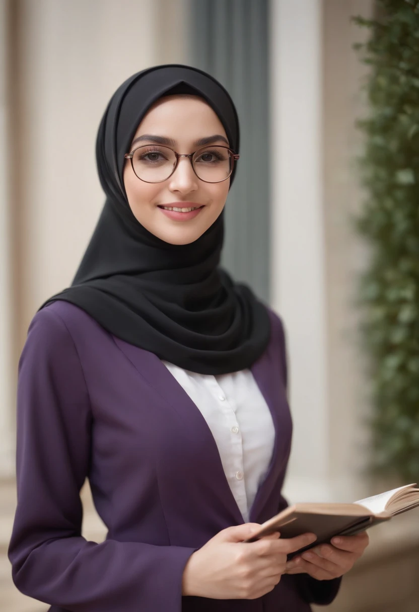 (RAW photo, best quality), POV, close-up, (realistic, photo-realistic:1.3), ((School Uniform)), HIJAB OUTFITS DRESS, best quality of Hijab Girl, Full Hijab Dress, Royal Purple Hijab, highly detailed, masterpiece, ultra-detailed, illustration, 1girl, upper_body, dynamic angle, world masterpiece hijabi, extremely detailed CG unity 8k wallpaper, ink, Amazing, cinematic lighting, reading glasses, Smile.