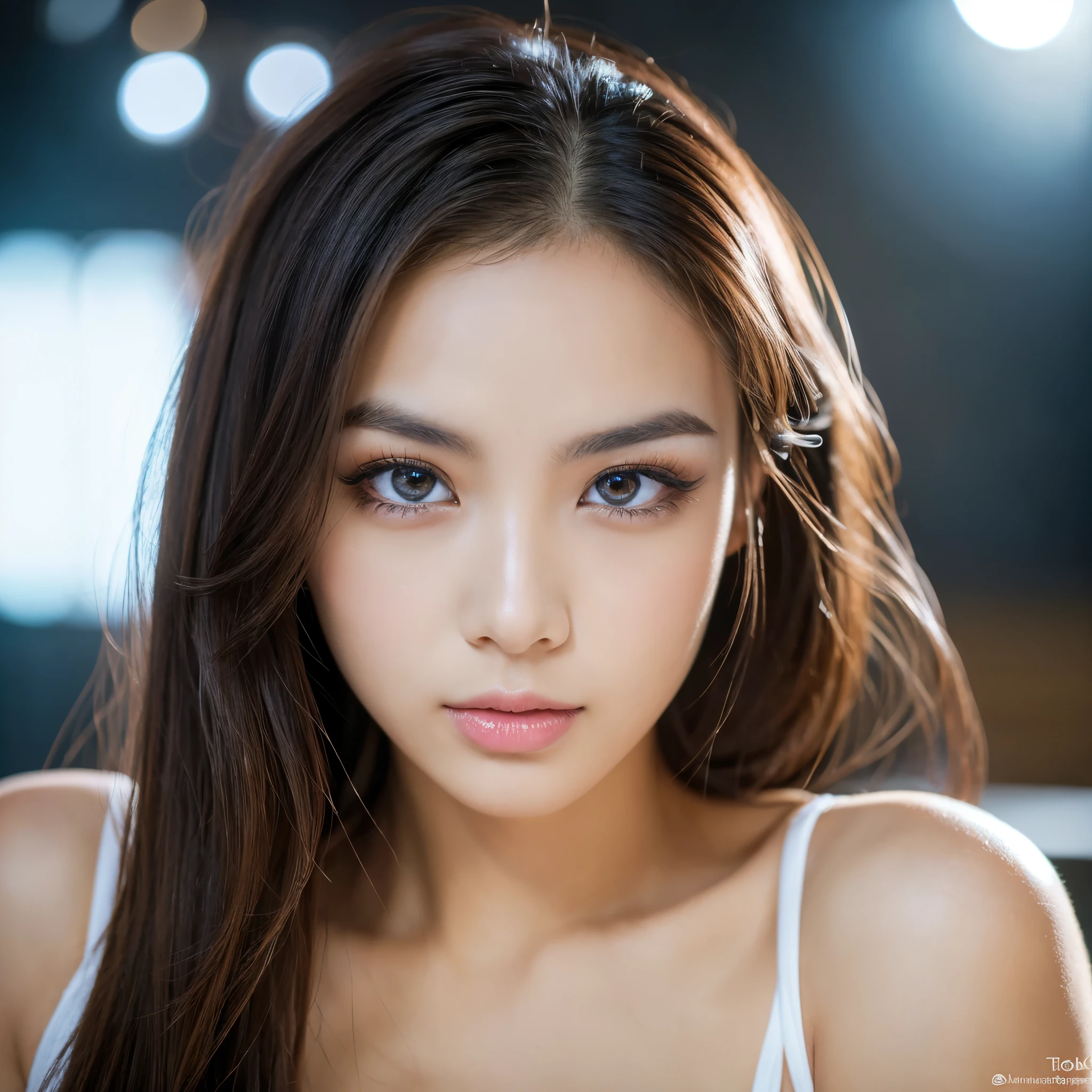 highest quality, epic realistic, ((in the pitch black darkness :1.4)), ((portrait:1.5)),(background: dark ) high contrast ,glorious picture, lowest lux, bright face, she's comfortable, ( ample cleavage ), looks incredible, (8k, Raw photo, Highest quality),(epic realistic:1.5), an Indonesian woman, face,(detailed eyes:0.8),(looking at the camera:1.4), (Highest quality), ( high contrast, deep shadows),Intricate details,cinematic,((teasing pose, playboy model)), (long dark hair:1.3), messy ,(Hdr:1.5),Detailed, colors, Superior quality, Masterpiece, Raw Photo (20-year-old, looking at viewer), beautiful, (wearing strapless bra), perfect, natural, perfect composition, portrait, perfect face, soft smile, Captivating eyes, Bright details, Tight lips, (High Skin Detail),, (blue tint: 0.6), (sale: 0.8), (bloody: 0.7), Key lighting , (backlight: 0.5), Medium depth of field, Canon 5d, 50mm lens, f/4 apertures, (Ultra-detailed, Complex detail), sharp focus, soft colors, 8k, Absurd, 80mm, bokeh background, photography, neon lights background, flare