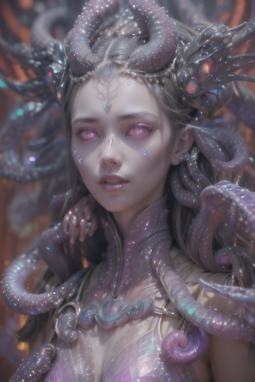 (1 beautiful and obscene female alien:1.4), (There is a female genital-like organ in the middle of her forehead:1.95), She has medusa-like hair, (there are lots of translucent tentacles from her head like her hair:1.5), (vulgarity1.7), (she is looking down at viewers with glowing red eyes with no pupils:1.6), (She has translucent pale skin:1.4),(She has the most beautiful face in the history of the universe:1.2), (She has multiple bioluminescent organs on the side of her tentacles:1.4), (Her body is covered with an iridescent exoskeleton:1.4), (She is showing her arm pits:1.6), an evil gaze that seduces, (looking down at viewers:1.4),(Vampire-like long canine teeth can be glimpsed through the gap between the cute lips:1.4) (bio luminescent:1.4), (Smile wickedly:1.3), (sexypose:1.4), alien, No humans, cells are fused, extraterrestrial, cell, bio image, ultra high resolution, (photos realistic:1.7), (Numerous award-winning masterpieces, with incredible detail, textures and maximum detail), Dramatic Lighting, cinematic quality, (exquisite details:1.2), High freshness, drawing faithfully, (Thick eyebrows:1.2), Beautiful eyes with fine symmetry,(Highly detailed face and eyes:1.2),(Super detailed skin quality feeling:1.4), perfect anatomy, (Beautiful toned body:1.5), (Moist skin:1.2), not wearing makeup, (dark circles:1.1), long canines, cinematic drawing of characters, cinematic quality, (exquisite details:1.2), high resolution, High freshness, drawing faithfully, official art, Unity 8K Wall paper, ultra detailed artistic photography, midnight aura, unreal engine 5, Ultra Sharp Focus, art by Amano Yoshitaka, ArtGerm, ultra realistic realism, dream-like, Creation of fantasy, dream Snail, (biopunk nautilus:1.3),Thrilling color schemes, seductively smiling, Amazing mutation, well-proportioned body, goddess of the deep sea, fractal, Geometric pattern, impossible figures, subtle emerald green accents, (expression of ecstasy:1.4), (beautiful small breast and nipples:1.2)