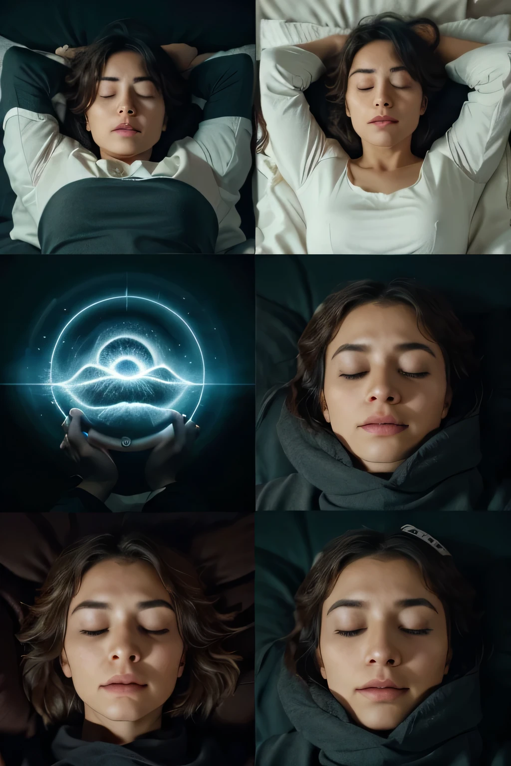 "Desenvolva uma imagem visualmente impactante que represente os quatro ciclos do sono humano. Explore Cores, shapes and visual elements to uniquely illustrate the stages of sleep: are levers, intermediate sleep, sono profundo e REM (Rapid eye movement). Convey the smooth transition between these cycles, Capturing the essence of nighttime rest in a captivating way. Use your creativity to create an engaging visual representation of different sleep states, inspiring understanding and appreciation of the importance of healthy sleep."