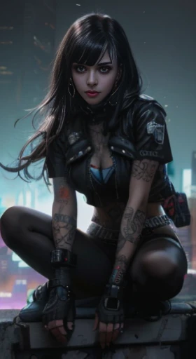 a woman with tattoos sitting on a ledge in a city, jet black haired garota ciberpunk, fantasia sombria cyberpunk sedutora, garota ciberpunk, Cyberpunk feminino, mulheres ciberpunk, deusa linda cyberpunk com raiva, linda garota cyberpunk, cyberpunk judy alvarez, Cyberpunk feminino anime girl, mulher fatal cyberpunk, mulher ciberpunk, cyberpunk 2 0 anos. oh garota modelo, gothic - cyberpunk, garota de anime cyberpunk