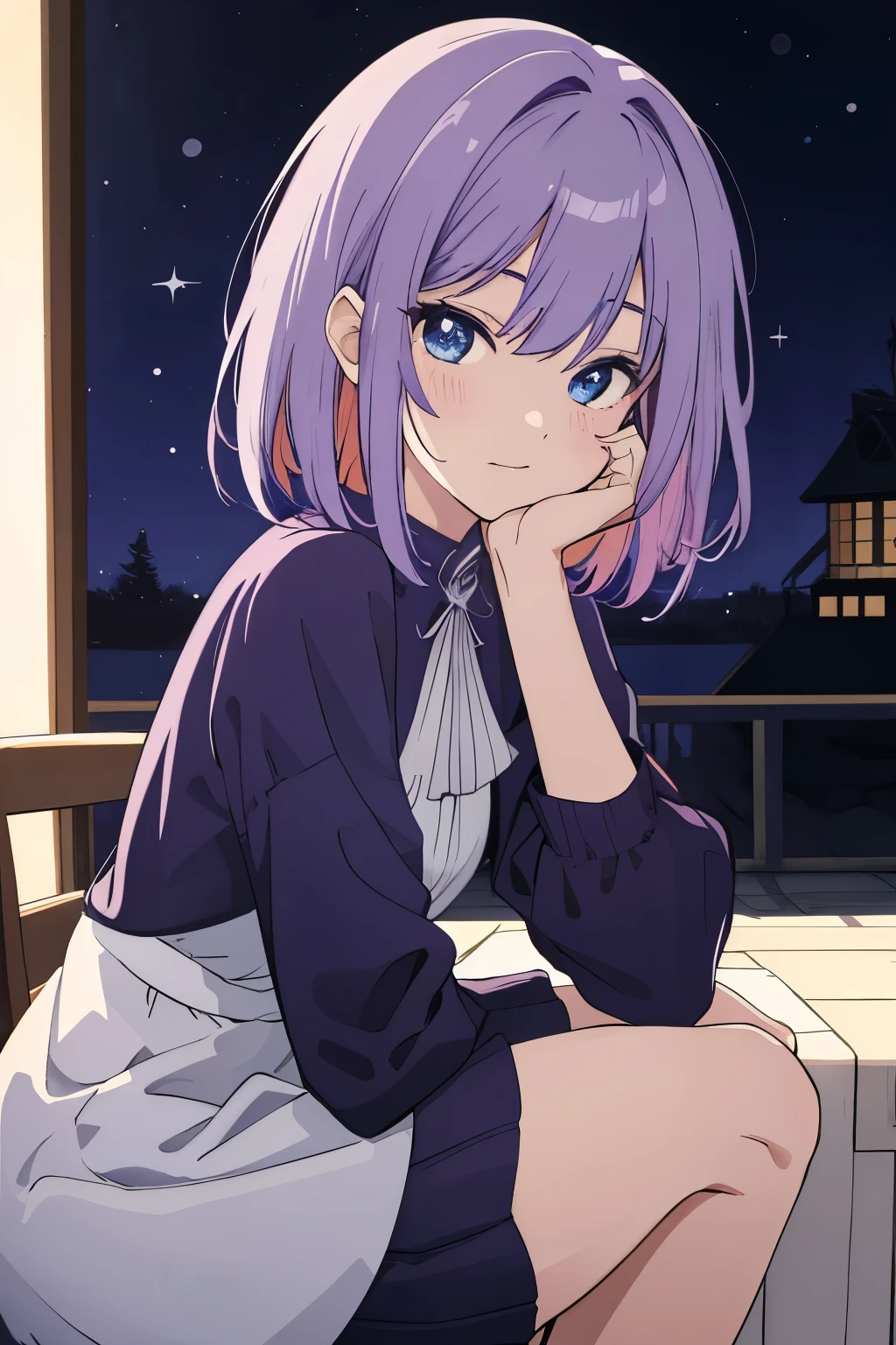 Scene View,null,anime style, house light ,night,headrest, intense angle, Curtsey,(Light purple hair)、(Web Hair)、medium hair、sparkling blue eyes、winter scenery,highest quality、Multicolored hair