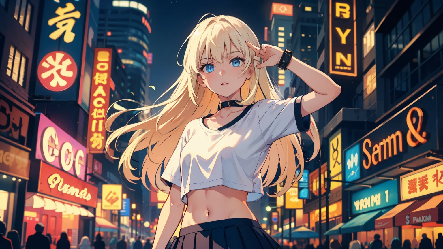 masterpiece, best quality, refined facial features, dynamic pose, nsfw, 1girl, platinum blonde hair, long hair, blue eyes, small lively breasts, on the street, night, neon signs, white t-shirt, braless, pleated skirt, poker face, front view, standing, in the crowd,