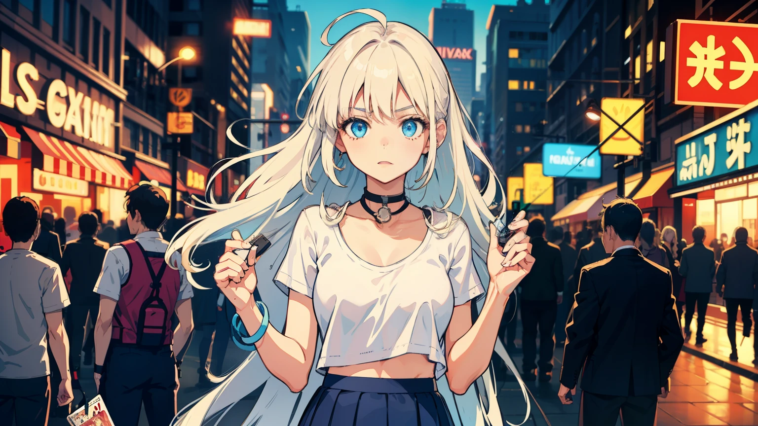 masterpiece, best quality, refined facial features, dynamic pose, nsfw, 1girl, platinum blonde hair, long hair, blue eyes, small lively breasts, on the street, night, neon signs, white t-shirt, braless, pleated skirt, poker face, front view, standing, in the crowd,