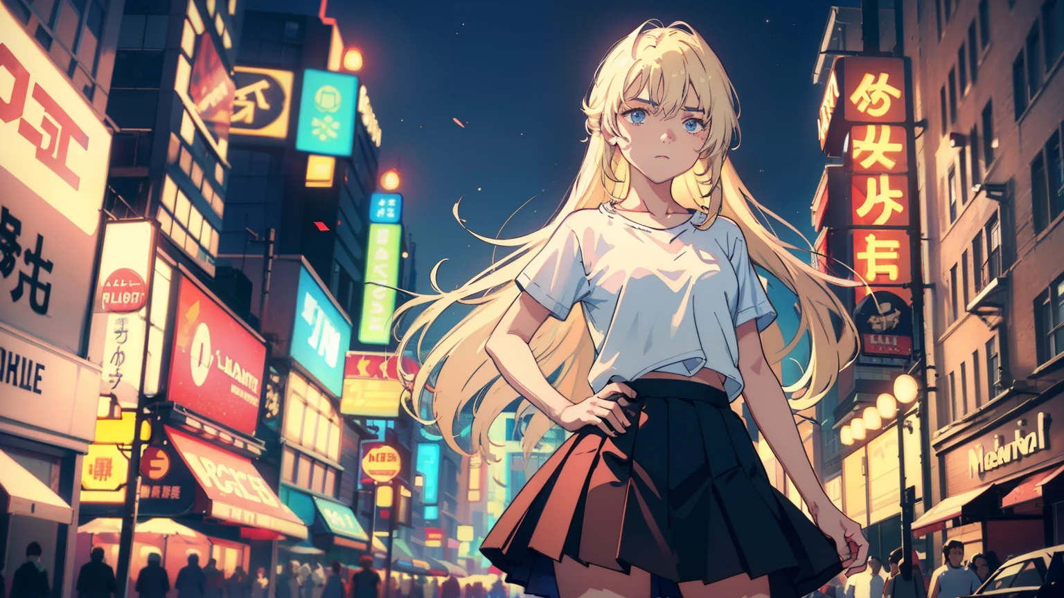 masterpiece, best quality, refined facial features, dynamic pose, nsfw, 1girl, platinum blonde hair, long hair, blue eyes, small lively breasts, on the street, night, neon signs, white t-shirt, braless, pleated skirt, poker face, front view, standing, in the crowd,