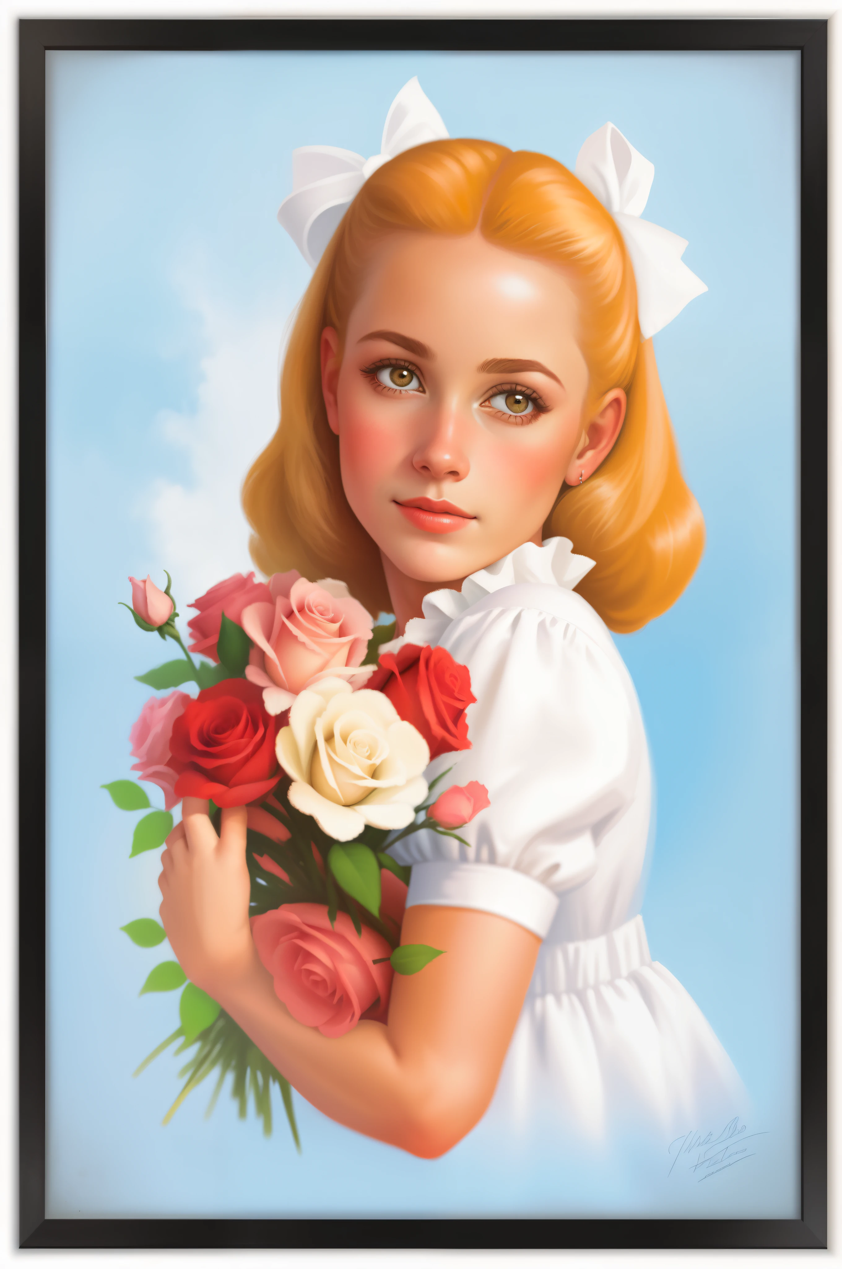 uma pintura de uma jovem mulher loira, with white bows in her hair, She gives a slight smile, com um vestido branco dos anos 30, holding a bouquet of reddish and white roses, the bouquet of roses is in front of your body, a poster inspired by Art Frahm, obturador, Arte pop, beautiful retro art, pôster pin-up. poster vintage, Retrato N - 9, ( Arte Fitzpatrick )