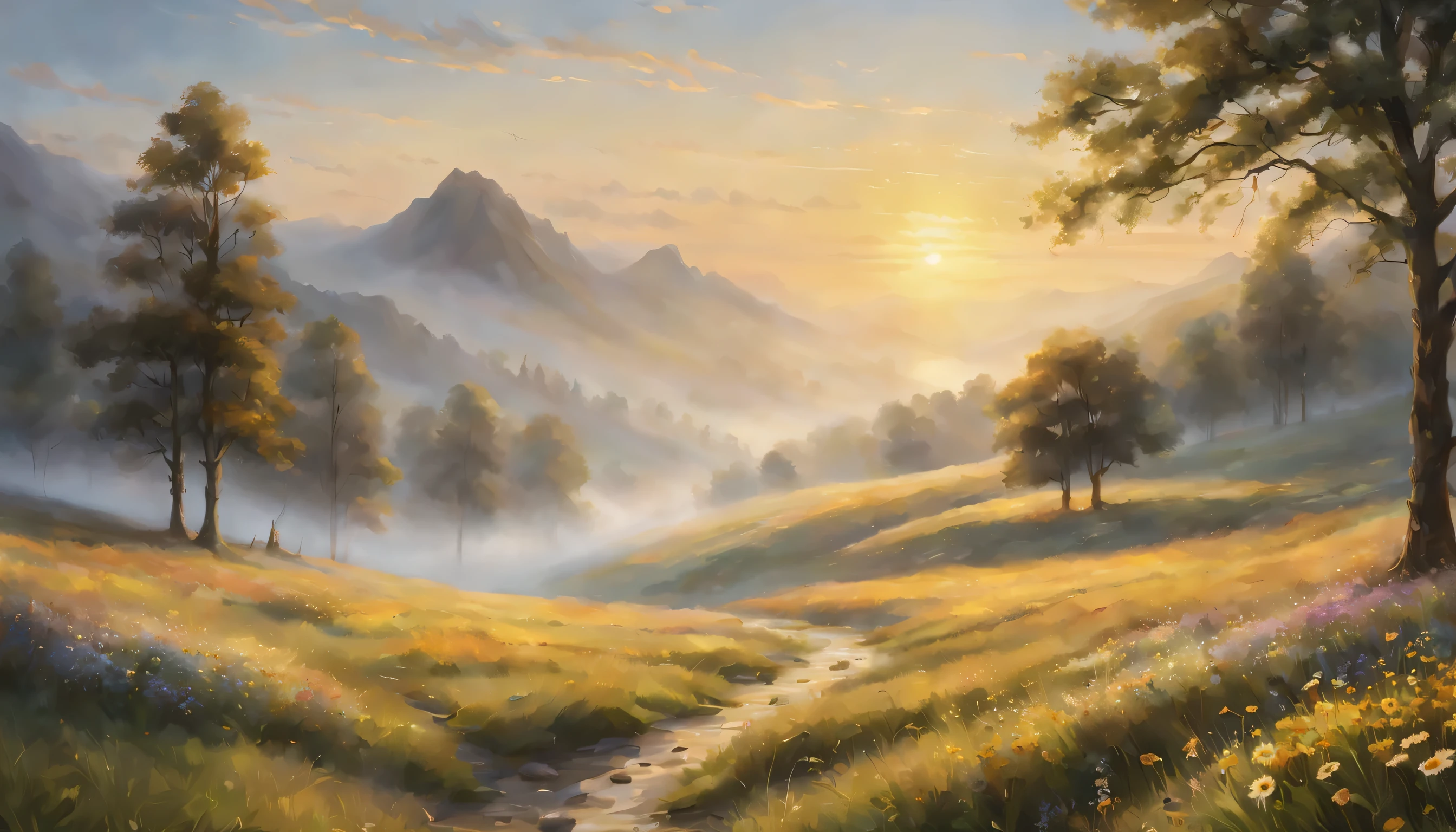 The prompt for the morning themed wallpaper, with a view of sunray and a serene view of fine weather is as follows:

"A tranquil morning scene with a mesmerizing sunray, (golden sunlit meadow), and a (calm and peaceful) atmosphere. (Best quality, 4k, highres, masterpiece:1.2), (ultra-detailed), (realistic:1.37) rendering captures the (subtle hues) of the sky and the surrounding landscape. The soft sunlight bathes the scene with a (warm golden glow) that illuminates the (lush green grass) and (gentle swaying wildflowers). The (faint morning mist) adds a touch of (mystical ambiance), creating a (dreamlike) atmosphere. The (light breeze) gently rustles the leaves and grass, enhancing the sense of tranquility. The view extends into the distance, revealing the (rolling hills) and (majestic mountains) that paint a picturesque backdrop. The color palette consists of (soft pastel shades), evoking a sense of (serenity) and (harmony). The lighting is perfectly balanced, with the radiant sunray casting (subtle shadows) that add depth and dimension to the scene. This morning-themed wallpaper is ideal for creating a (relaxing) and (rejuvenating) ambiance in any space."

Please note that you can adjust the wording or specific details according to your preferences.