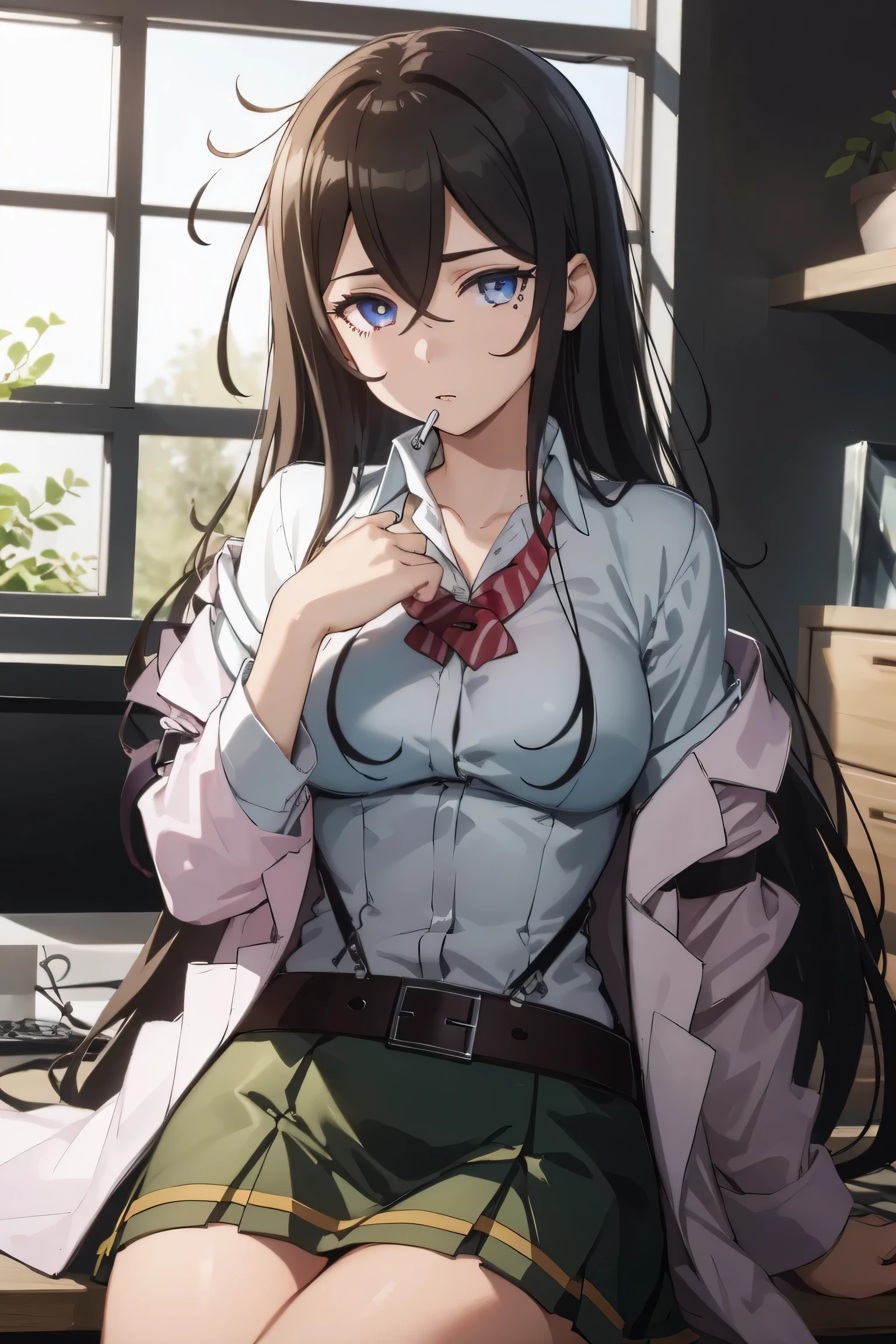 masterpiece, highest quality, kirasaka sayaka, ponytail, hair ribbon, (masterpiece,highest quality, become familiar with)), ultra-become familiar with, become familiar with hair, deep shadow, hard rim lighting,((dramatic lighting)),sharp focus, cowboy shot, (1 girl:1.2), alone,( long hair:1.3), (floating hair:1.2), green eyes, (big breasts:0.6)(enchanting smile:1.1),medium breasts,(ハイponytail:1.1), Are standing, (looking at the viewer:1.2),happy smile, smile, open your mouth,Doctor Costume,black pencil skirt,black tights,stiletto heels,Examination room,sitting cross-legged on a chair,(masterpiece:1.2), highest quality, High resolution, unity 8k wallpaper, (shape:0.8), (beautiful and detailed eyes:1.6), highly detailed face, perfect lighting, Very detailed CG, (perfect hands, perfect anatomy),
