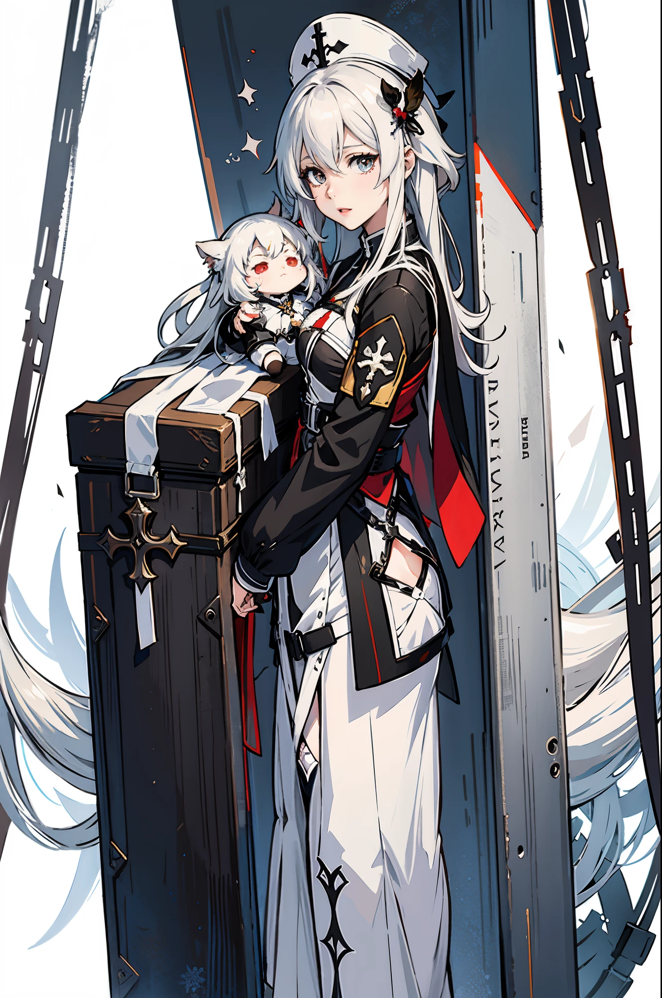Anime-style image:A woman wearing a white dress, from Ark Night, from girls frontline, White hair deity, Ark Night, Lingchang art, girls frontline style, girls frontline cg, fleet collection style, girls frontline, White hair, prussia, by Shitao, Kushat Garland, I am the point, Lingchang,Carrying a huge coffin in the shape of a cross on the back,