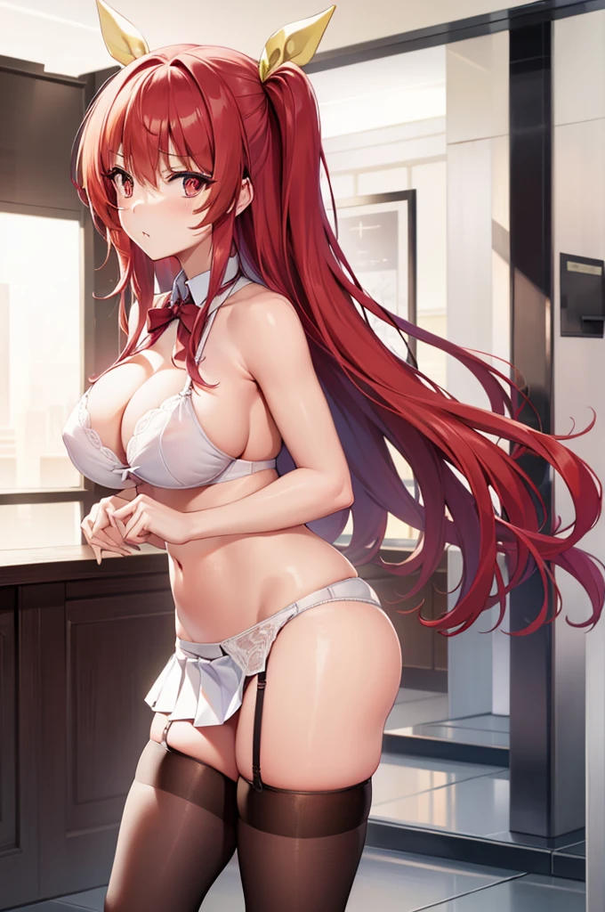Stella Vermillion, Stella Vermillion, hair between eye, Hair intake, Hair Ribbon, Long hair, (Red Eyes:1.5), (huge breasts;1.4), Red hair, two side up, Yellow ribbon, Red hair, Big breasts, bow ribbon, thighs thighs White bra,BREAK looking at viewer,,Romper (masutepiece:1.2), Best Quality, High resolution, Unity 8k壁纸, (Illustration:0.8), (Beautiful detailed eyes:1.6), extra detailed face, Perfect Lighting, extremely details CG, (Perfect hands, Perfect Anatomy),、Stand on the escalator, (By up escalator), (lower body shot), Thigh Focus, (Taken from the bottom 1.3)、 (white panties:1.3)、(Skirt that rolls up:1.3)、(Fully exposed panties:1.5),embarrassed, Blushing, wobbly mouth, (angry), Looking at Viewer, Outside, Panties, Sexy, thick thighs, wide hips、plein air、outside of house、(black thighhighs:1.3)