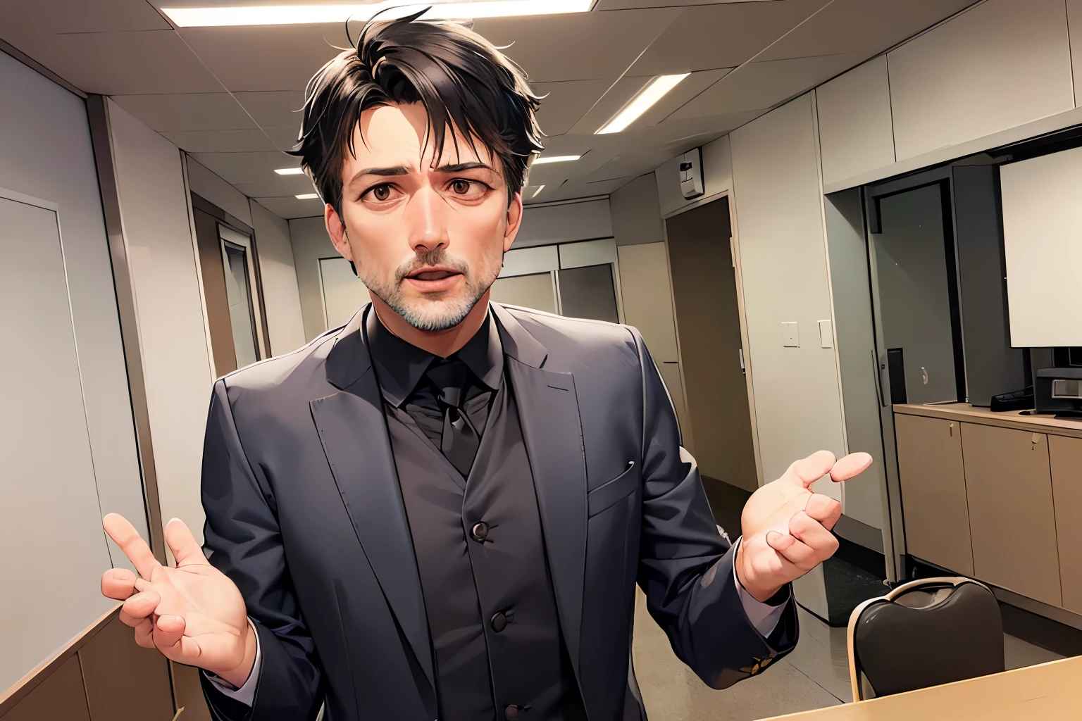 Raising hand, angry, open mouth, dutch angle, masterpiece、high quality、(50 year old man with short black hair and brown eyes:1.5)、Wearing a gray suit、 The background is a conference room、Alone、bold composition、Are standing