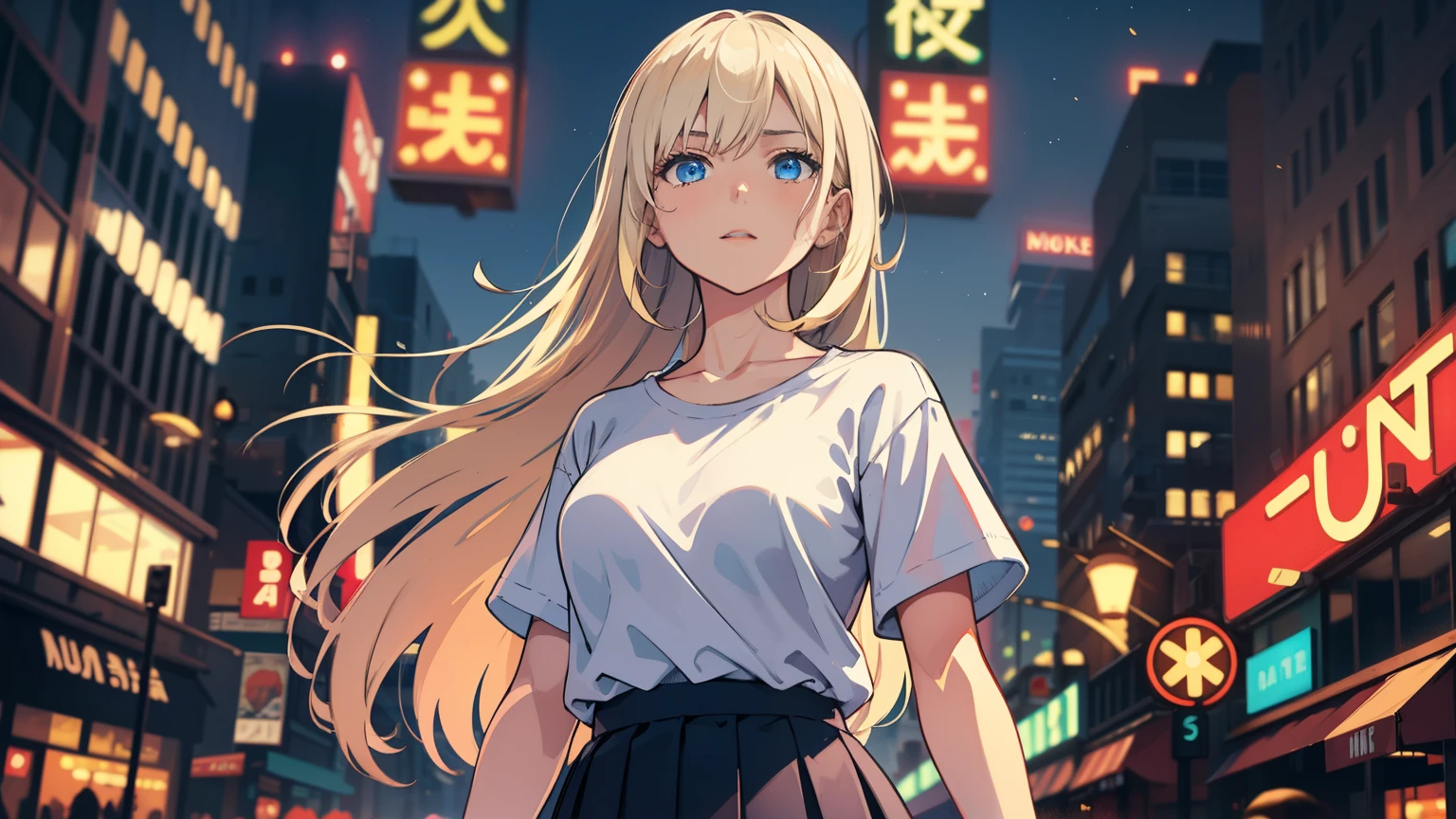 masterpiece, best quality, refined facial features, dynamic pose, nsfw, 1girl, platinum blonde hair, long hair, blue eyes, small lively breasts, on the street, night, neon signs, white t-shirt, braless, pleated skirt, poker face, front view, standing, in the crowd, face close up