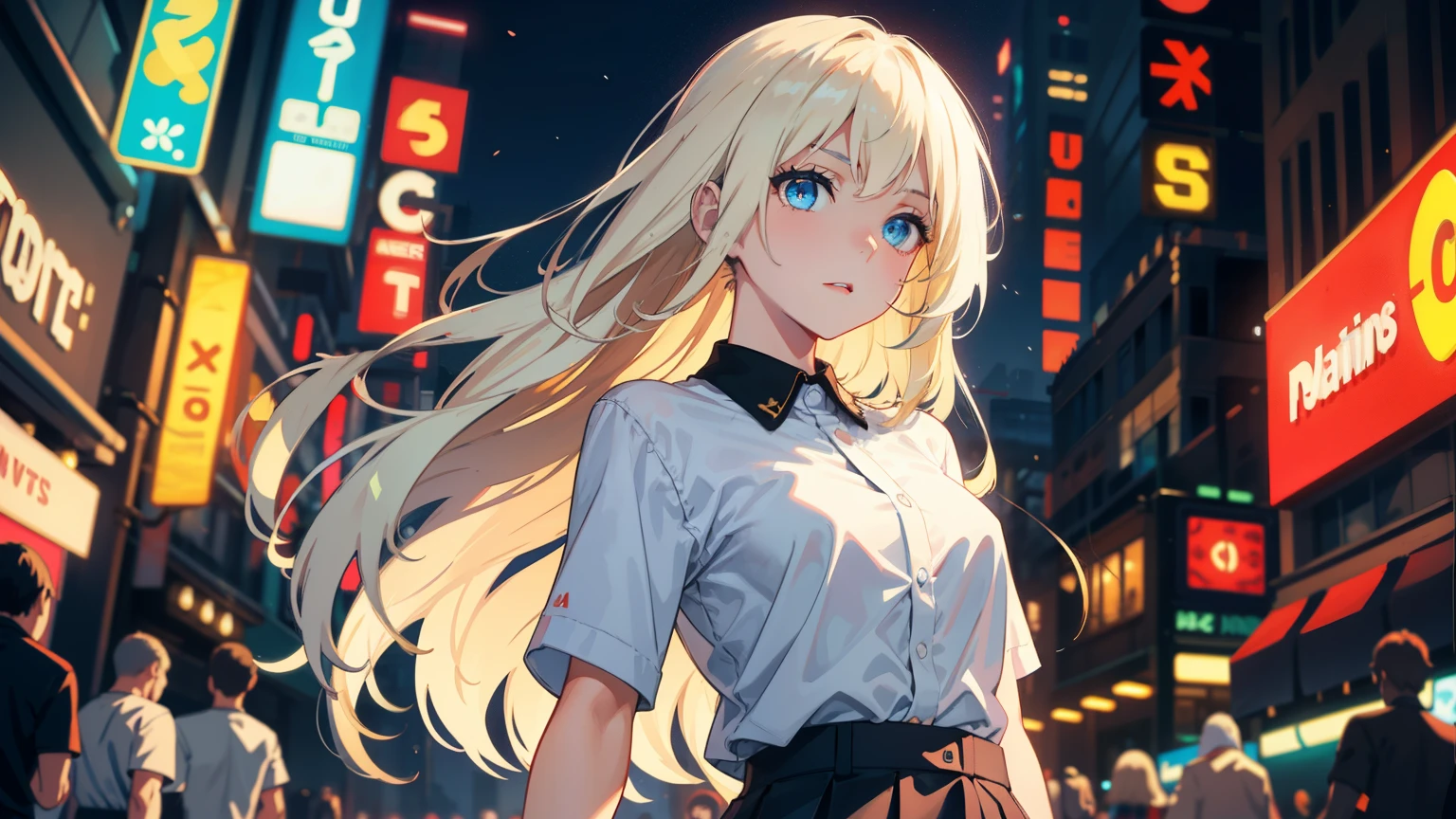 masterpiece, best quality, refined facial features, dynamic pose, nsfw, 1girl, platinum blonde hair, long hair, blue eyes, small lively breasts, on the street, night, neon signs, white t-shirt, braless, pleated skirt, poker face, front view, standing, in the crowd, face close up