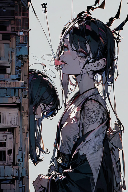 smoke a cigarette:1.4, (masterpiece), (high resolution), (top quality), (super delicate), ((line drawing cartoon style)), ((wallpaper)), ((Diverse angles)), Comic Style Illustrations, (drawing style), Outline warm color, eerie, horror factor, ((ryokan)), (Distinctive hair style), (Creative accessories), (individualistic atmosphere), Eerie worldview, Suspicious atmosphere, dark fantasy, Fantasy Town, extra