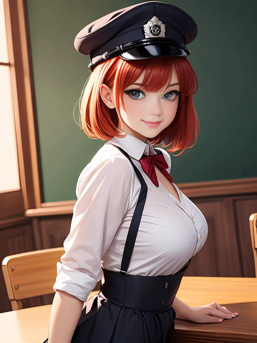 a beautiful 40 year old redhead teacher . Sie hat ihre lockige Haare zu einem Pferdeschwanz gebunden. Sie steht in der Schule vor der Tafel und unterrichtet. She is wearing a very seductive short erotic dress. It is very thin and unbuttoned wide. Teilweise ist unter ihrem Kleid zu sehen, She wears suspenders with a pattern on them, She looks mischievous and has a seductive smile,she wants to seduce you. Sie ist erregt,