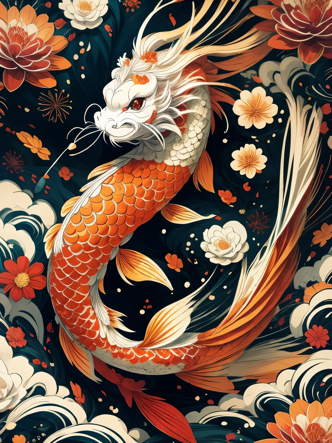 Koi fish surround cute chinese dragon, firework background，Chinese new year decoration（（（masterpiece）））， （（best quality））， ， （（Surrealism））（8k）