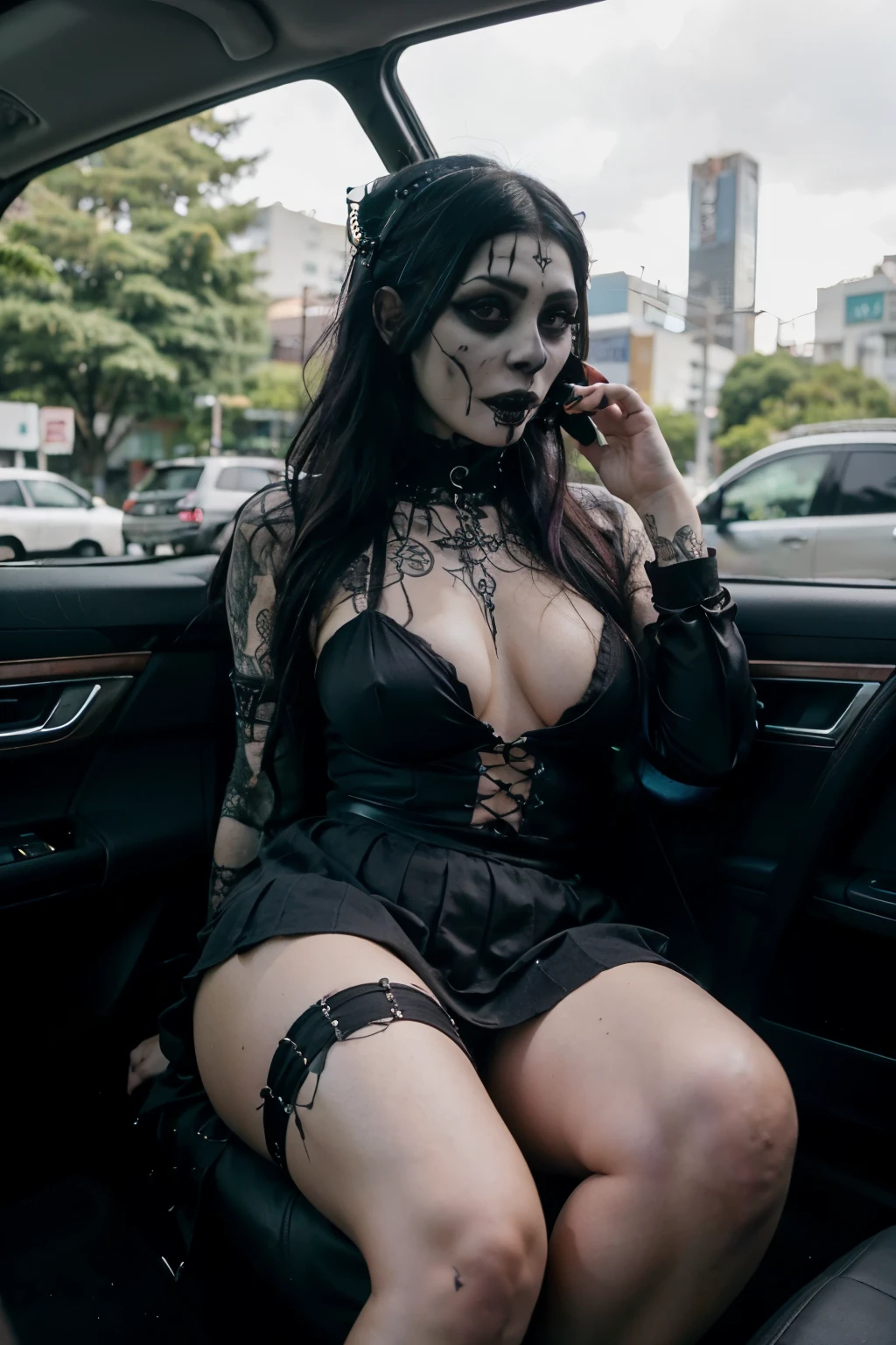 cruel ((Mexican ((goth)) 40 yo goddess)) sitting in a car with her pretty perfect feet up while talking on her cell phone, short pleated skirt, plump thighs, hairy pubes, quality photo, in the middle of the cannabis forest Tokyo city streets, city streets behind her, driving