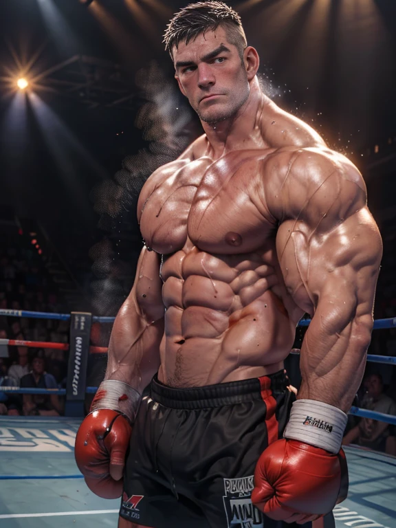 3D Photorealistic, Masterpiece realistic, best high quality, perfect details, RAW Photo, intricate details, nice lighting, 4K, detailed background, In the championship boxing match, A determined muscular boxing champion 45-year-old man, perfect wrinkle wearing pure white boxing trunk and red boxing gloves. His faces marked with grit and determination. Crowded audiences and nice lighting, nice face lighting, serving a boxing battleground. The banner signs overhead cast a surreal, flickering glow, adding to the atmosphere of raw energy. He looks firm in powerful boxing stances, as ready to start the fight in a next second. Unnoticed by the world beyond. It's a fight born of pride, rivalry, or perhaps a deeper conflict and pride, and it rages on with an intensity that can only be found in the unforgiving boxing stadium of the city. Intricate details, details of physic muscle, perfect body anatomy, perfect hand anatomy. hot beard, (look at viewer:1.6), (straight face:1.2), bodily fluid (bodily fluid:1.5), bruised body (bruised body:1.7), last breathe (last breathe:1.8), damaged abs (damaged abs:1.7).