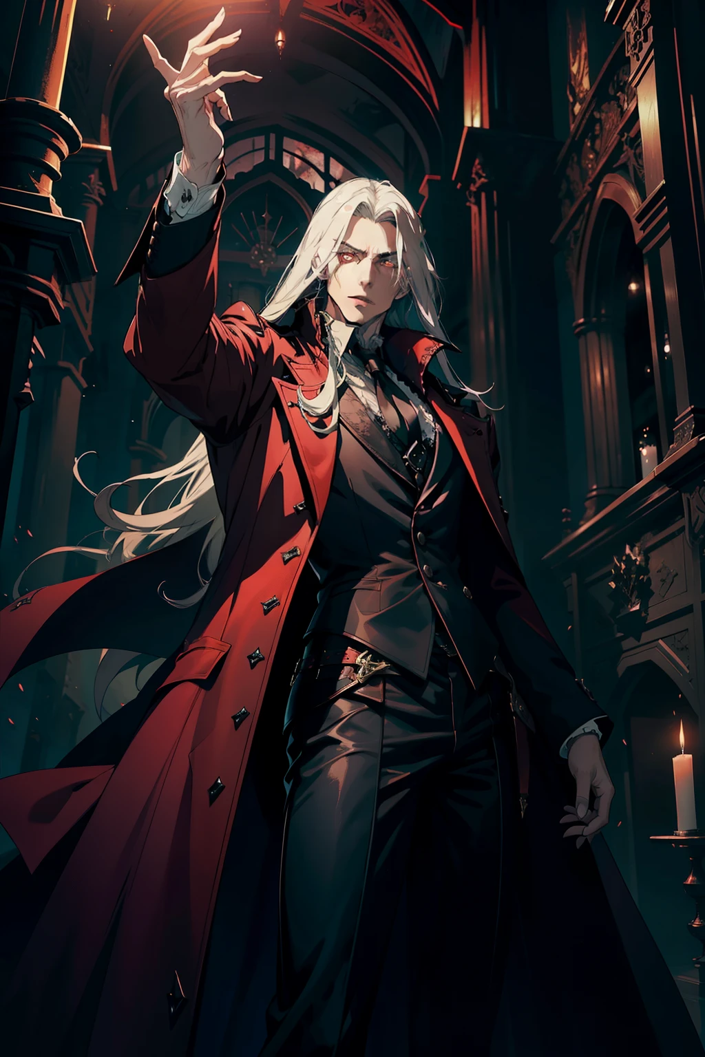 top-quality masterpiece, vampire character Alucard with captivating allure,
Male figure with long coat and eccentric hairstyle,
Sharp, angular features accentuated by cinematic lighting,
High resolution, every detail brought to life in exquisite detail,
Realistic textures of leather and fabric,
Physically-based rendering,
Blood-red eyes that glow with an otherworldly light,
Arms outstretched as if ready to embrace the viewer,
Imagery reminiscent of gothic horror masterpieces,
Detaiented shading and shadows,
Intricate veins and musculature,
Best quality animations