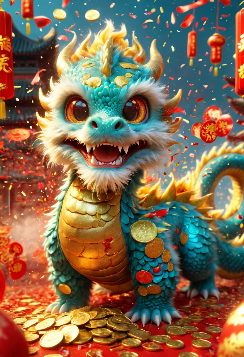 Chinese Lunar New Year has arrived，baby oriental dragon，hairy body，big furry head，Cyan，Silly dragon，Funny。Many gold coins burst out from firecrackers，Red and gold confetti flying in the sky，Gold coin rain，A strong festive atmosphere，It was lively。