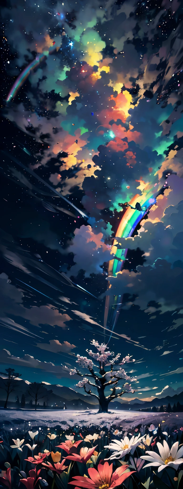 Foto de vasta paisagem, (visto de baixo, The sky is above and the open field is below), uma garota de kimono segurando uma espada japonesa parada em um campo de flores olhando para cima, (Lua cheia: 1.2), (Meteoro: 0.9), (nebulosa: 1.3), Montanhas distantes , BREAK Trees Crafts, (luz quente: 1.2), (vagalumes: 1.2), luzes, Muito roxo e laranja, detalhes intrincados, volumetric lighting, realismo QUEBRA (obra de arte: 1.2), (melhor qualidade), 4k, ultra-detalhado, (dynamic composition: 1.4), muito detalhado, detalhes coloridos, (rainbow colors: 1.2), (Bright lighting, atmospheric lighting), sonhadores, magical, (Sozinho: 1.2)