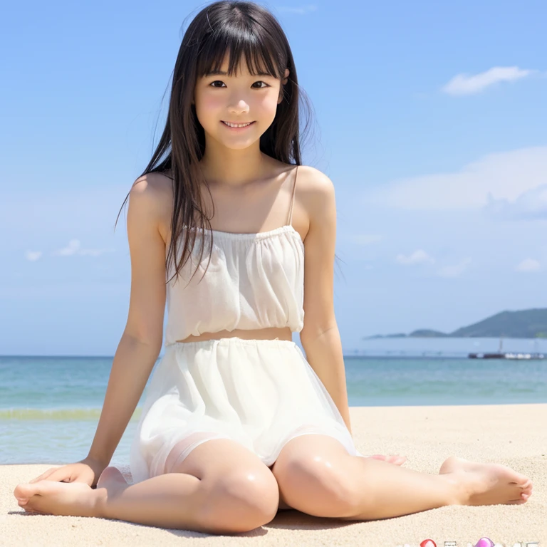 8k,Japanese,6 ,innocent face,teenage girl,cute,summer clothes,everyday wear,sitting,black hair,sandy beach,coastline,hair clip,day view,starry sky