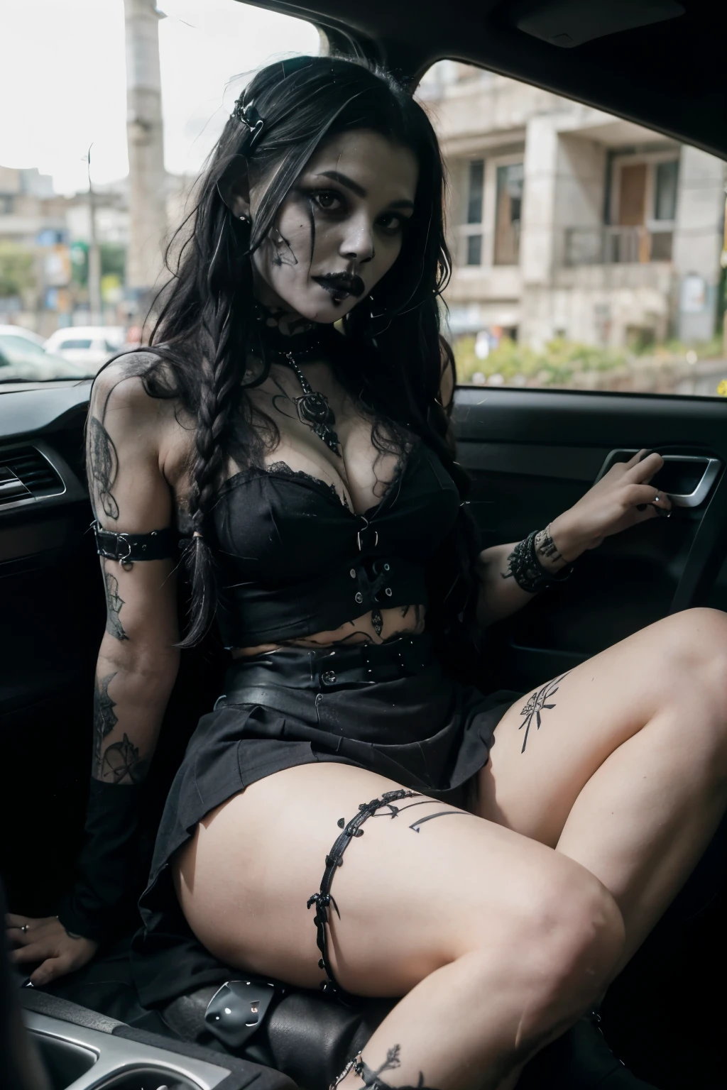 cruel ((Haitian ((goth)) 18 yo goddess)) with braided hair sitting in a car with her pretty perfect feet up while talking on her cell phone, short pleated skirt, plump thighs, low quality photo, in the middle of the cannabis forest Tokyo streets, city streets behind her, driving