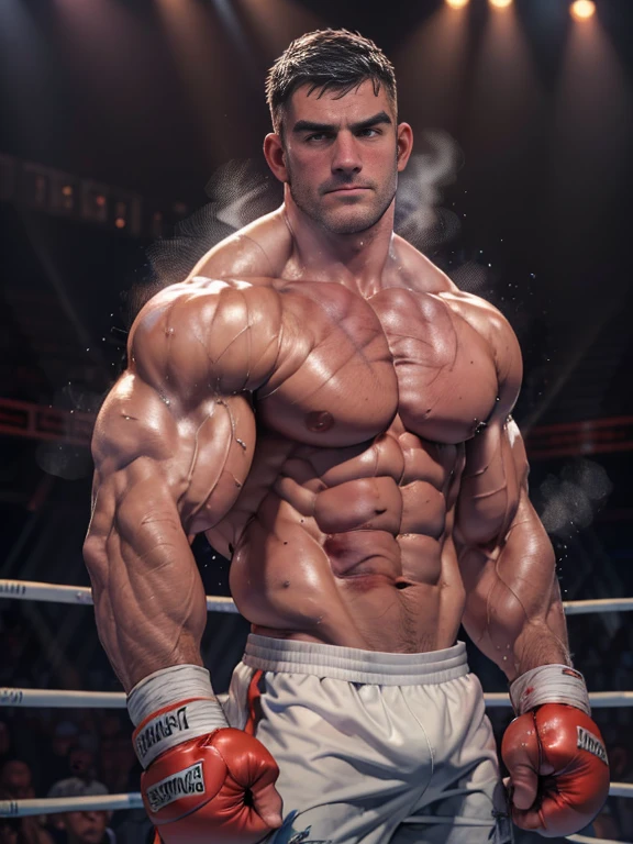 3D Photorealistic, Masterpiece realistic, best high quality, perfect details, RAW Photo, intricate details, nice lighting, 4K, detailed background, In the championship boxing match, A determined muscular boxing champion 45-year-old man, perfect wrinkle wearing pure white boxing trunk and red boxing gloves. His faces marked with grit and determination. Crowded audiences and nice lighting, nice face lighting, serving a boxing battleground. The banner signs overhead cast a surreal, flickering glow, adding to the atmosphere of raw energy. He looks firm in powerful boxing stances, as ready to start the fight in a next second. Unnoticed by the world beyond. It's a fight born of pride, rivalry, or perhaps a deeper conflict and pride, and it rages on with an intensity that can only be found in the unforgiving boxing stadium of the city. Intricate details, details of physic muscle, perfect body anatomy, perfect hand anatomy. hot beard, (look at viewer:1.6), (straight face:1.2), bodily fluid (bodily fluid:1.5), bruised body (bruised body:1.7), last breathe (last breathe:1.8), damaged abs (damaged abs:1.7).