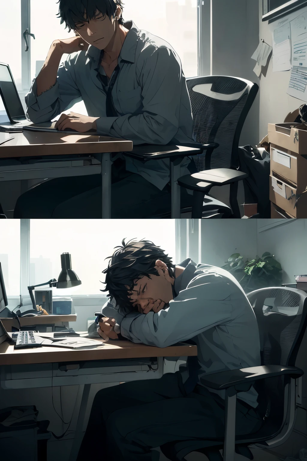 (Masterful montage of a boy's daily struggle with fatigue), (Dynamic visual representation of exhaustion's toll), (Fast-paced editing style: 1.4), (Authentic portrayal of yawning and exhaustion, renders realism), (Everyday situations: workplace, study, exercise: 1.3), (Detailed depiction of the authentic experience of fatigue), (Realistic reactions to the relentless battle against drowsiness), (Rapid transitions between scenarios, maintaining an engaging narrative), ( strugggle to keep awake amidst the chaos of life), (Capturing the essence of exhaustion's impact on everyday experiences), (High-energy editing,
