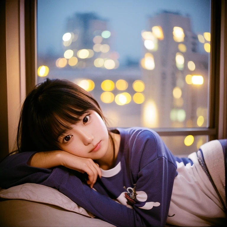 The face of a young Japanese woman posing like a model by the window. Focal length 100mmf/2.8, early winter night, living room on the upper floor of a tower apartment, plain T-shirt and shorts, close-up of eyes, film quality.