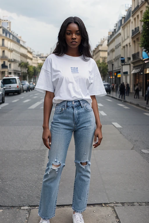 Black Model in White Oversized T-Shirt & blue jeans standing in Paris