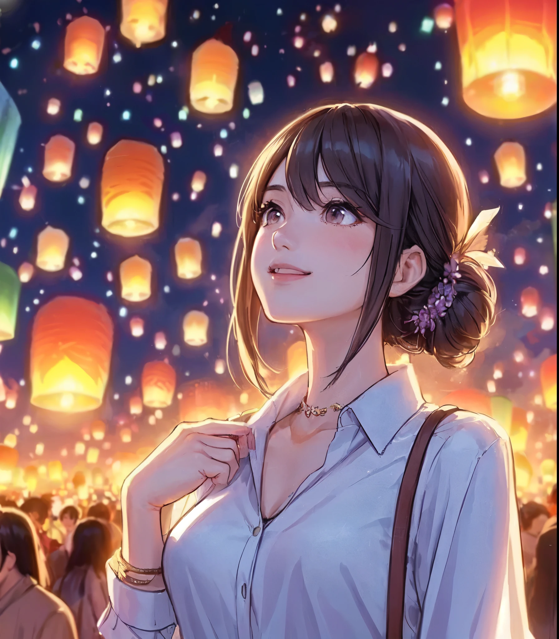 1lady solo, (looking up at the night sky:1.2), (stylish outfit), mature female, /(dark brown hair/) bangs, blush kind smile (eyes sparkling with fascination:1.1), (masterpiece best quality:1.2) delicate illustration ultra-detailed, large breasts BREAK (floating lanterns:1.2) glowing, (night sky filled with countless lanterns) BREAK (Kom Loy festival outdoors) Chiang Mai, (New Year's Day), crowded